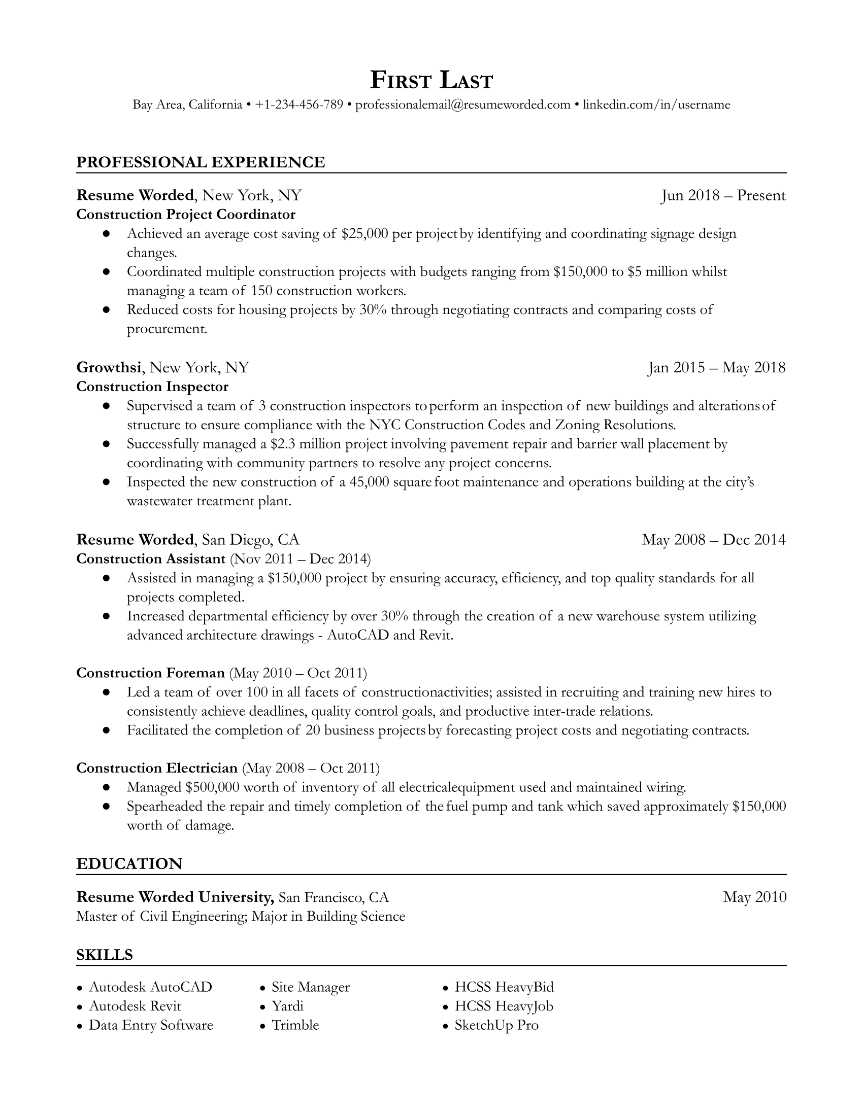 Construction Project Coordinator Resume Sample