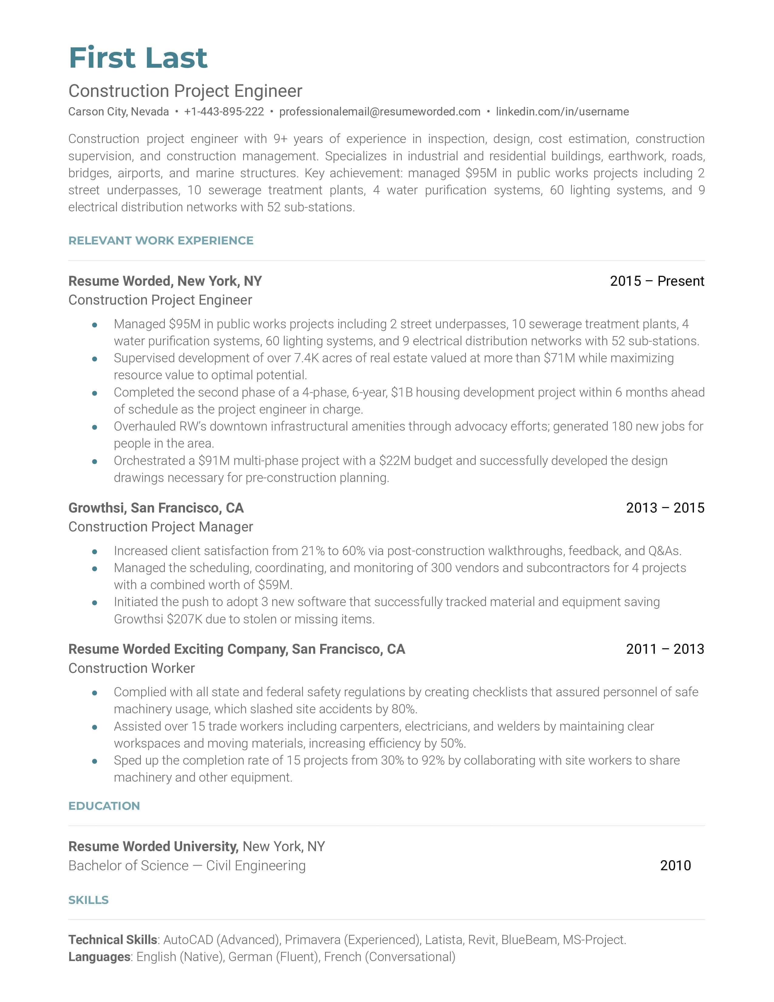 examples of engineering project management resume