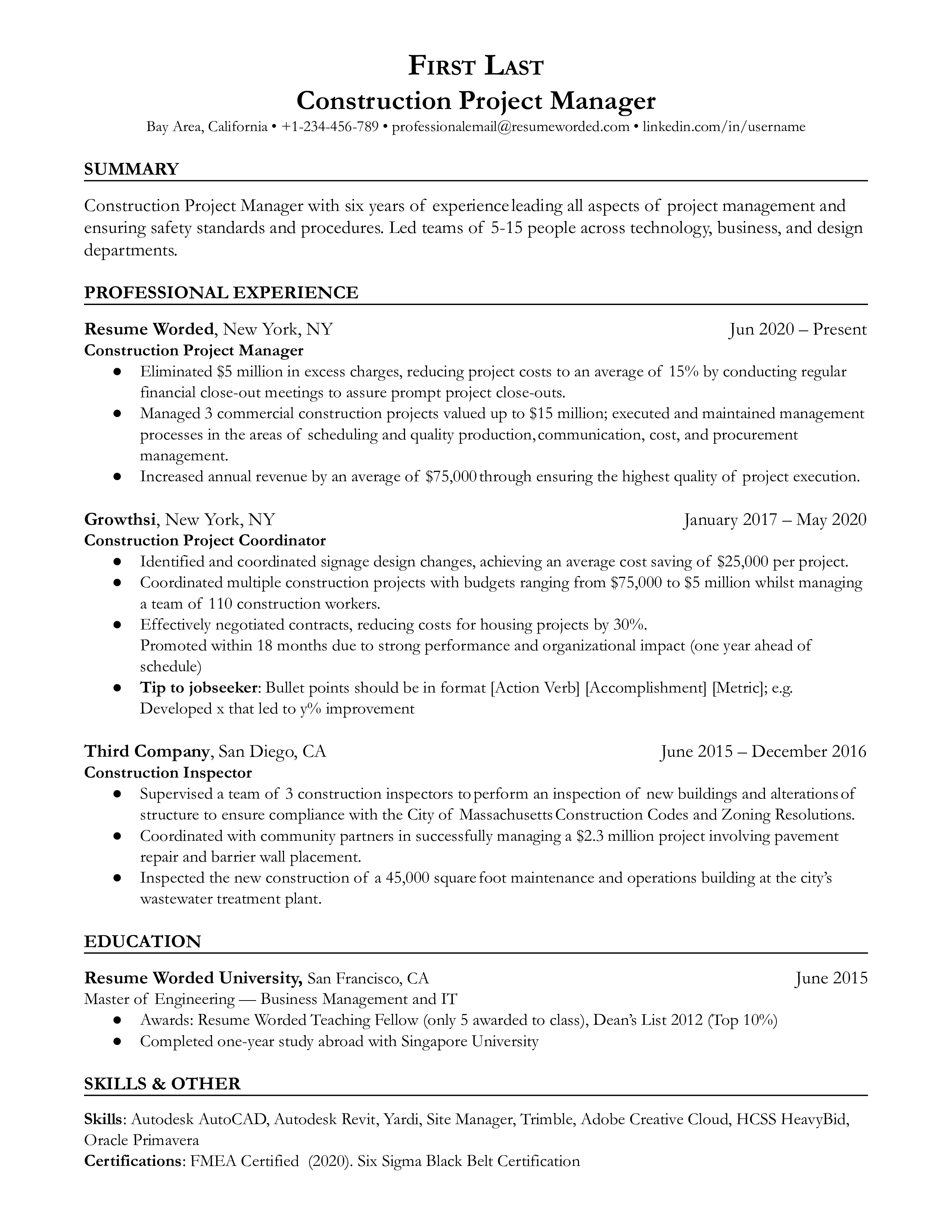 A Construction Project Manager resume template showing the applicant's expertise in project management.