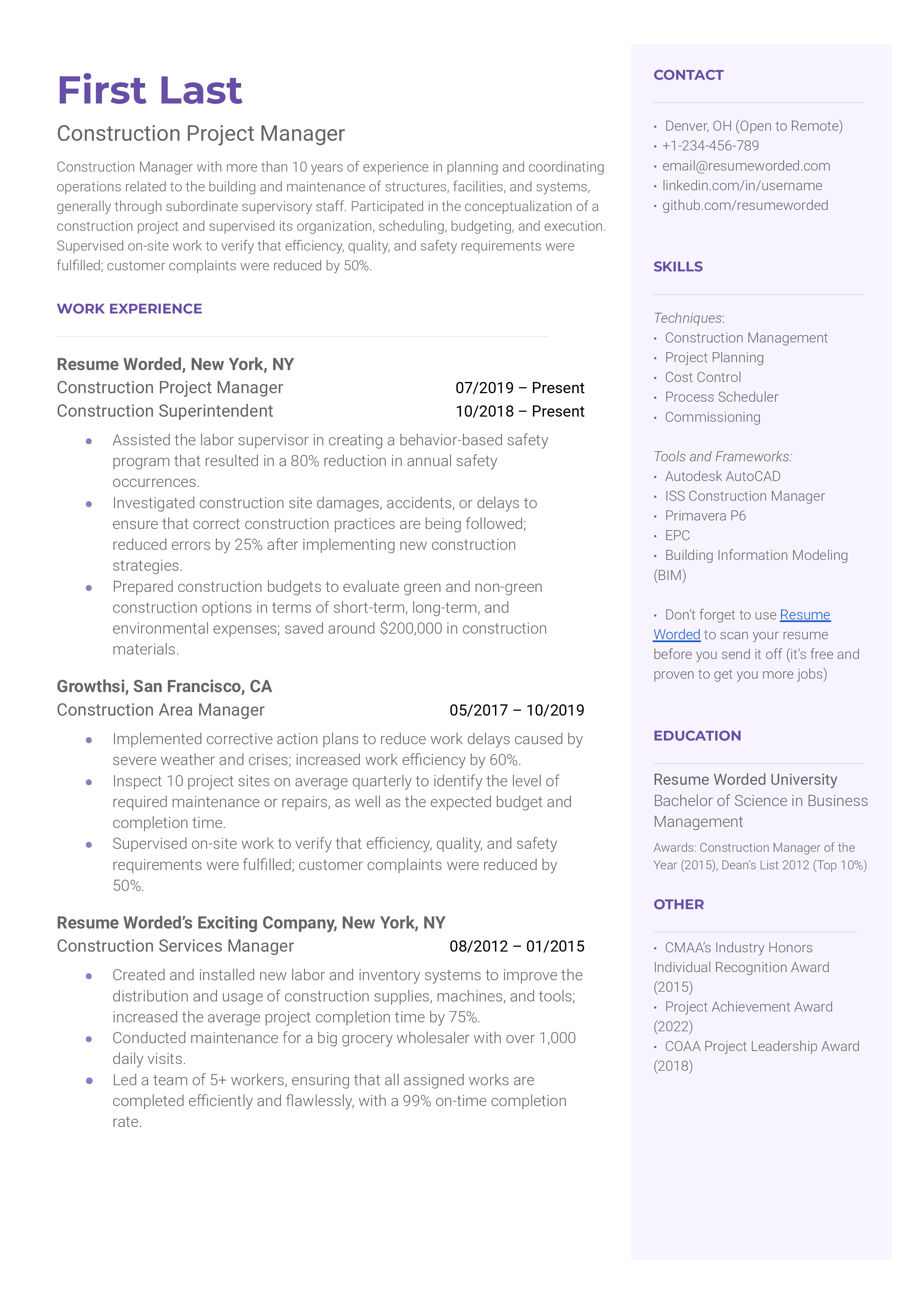 A Construction Project Manager resume template showing the applicant's expertise in project management.