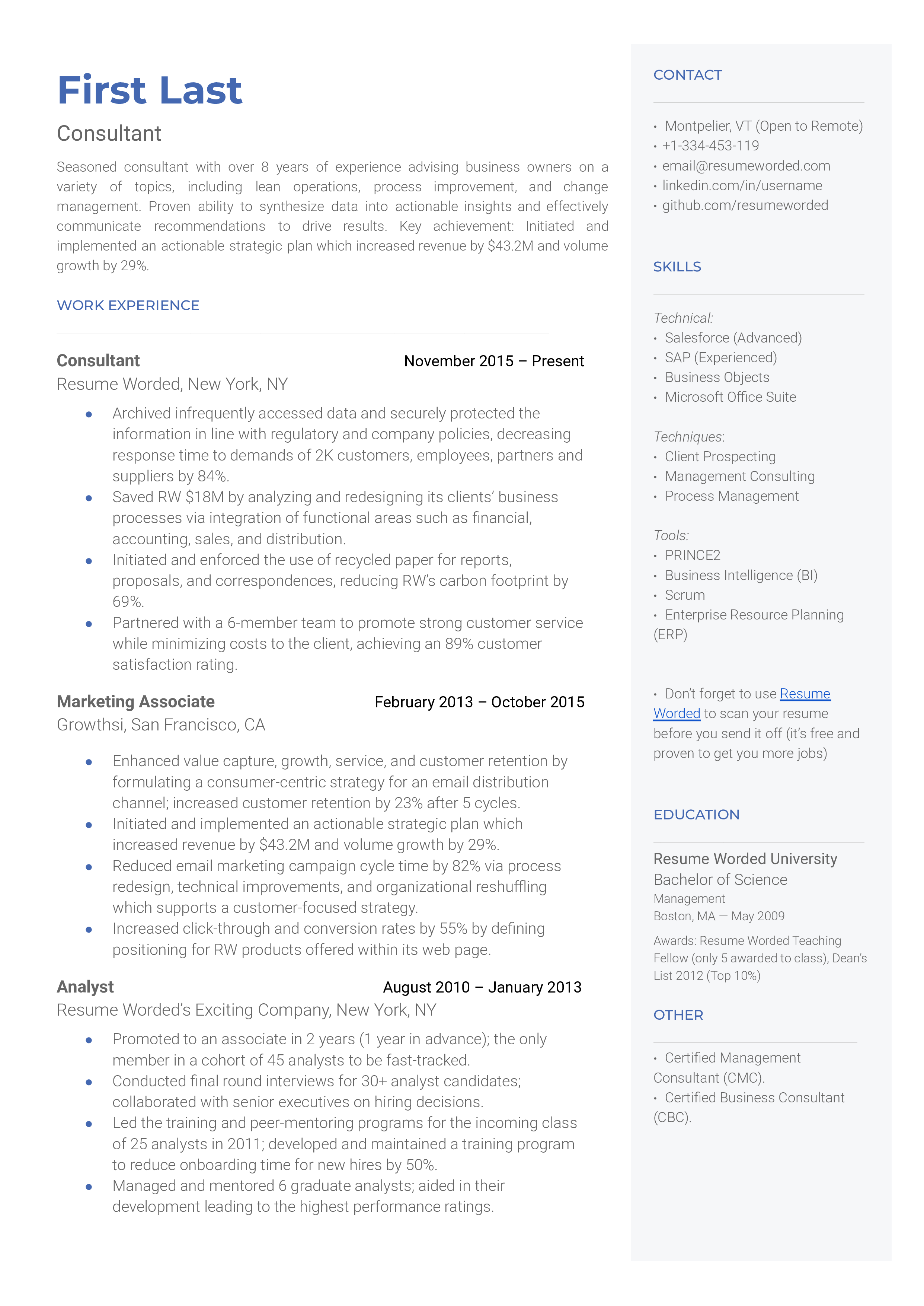 A consultant resume template including work experience, skills, and education