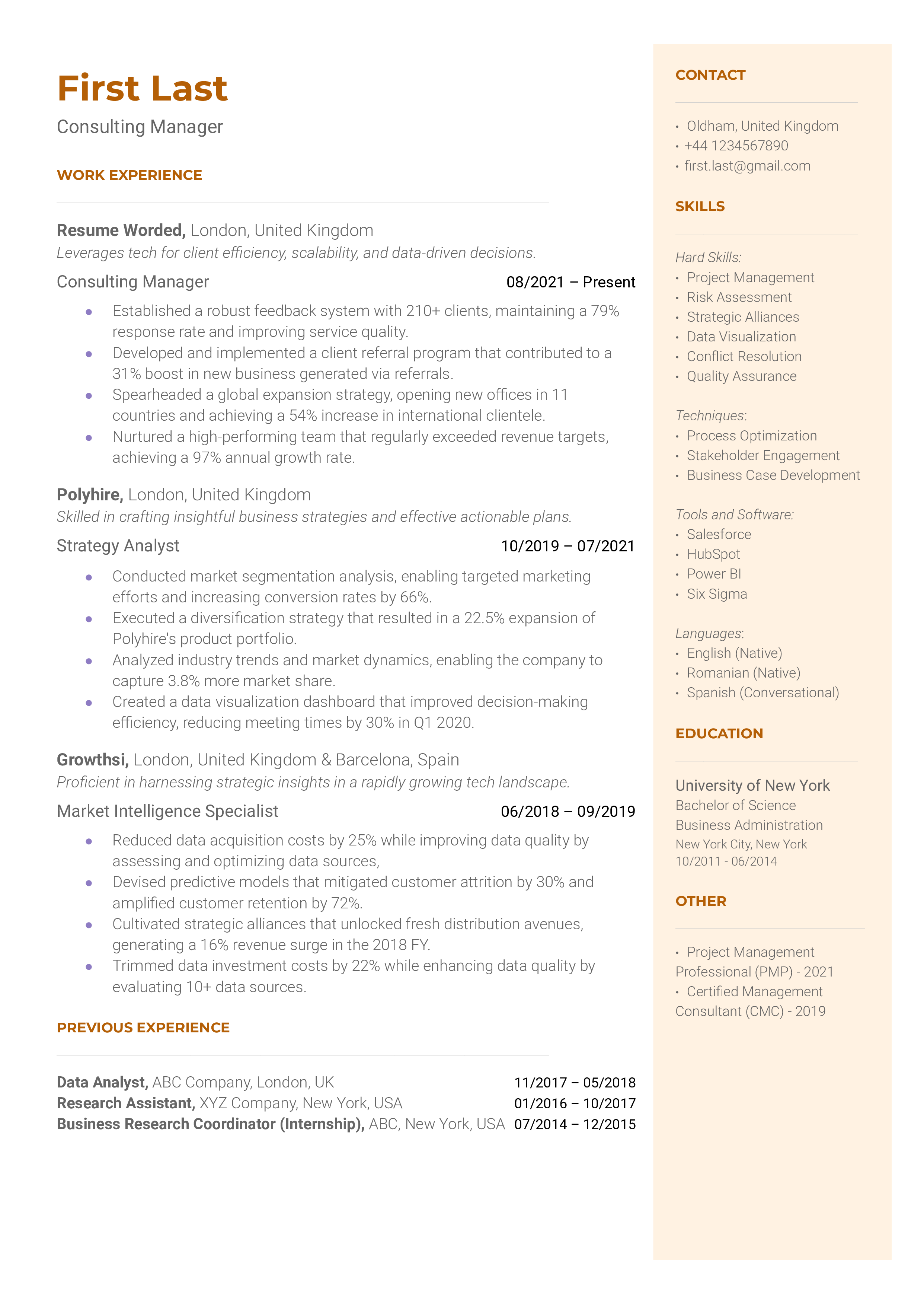 A conversational-style resume for a Consulting Manager role, emphasizing implementation skills and stakeholder management.