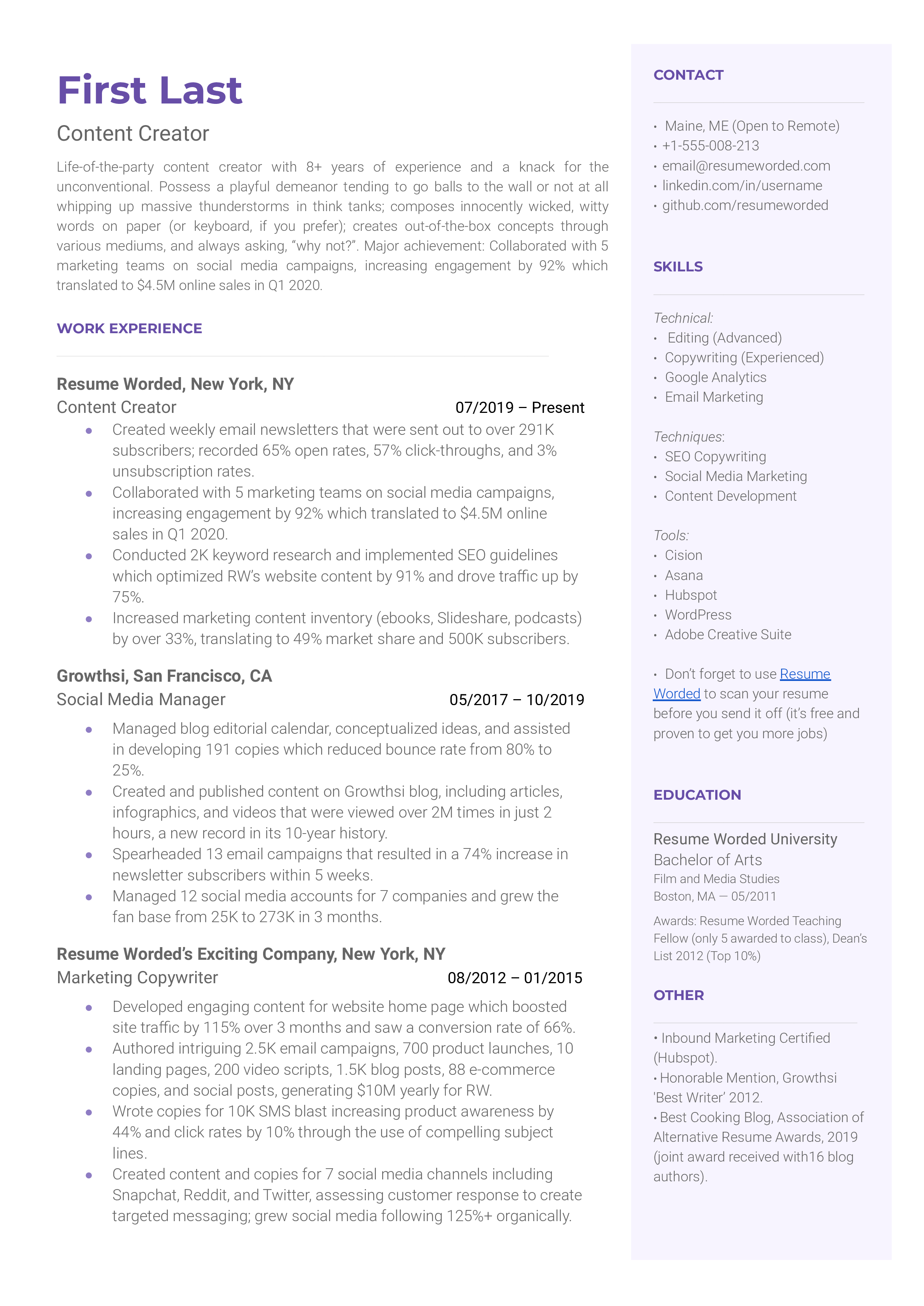 Content Creator Resume Sample