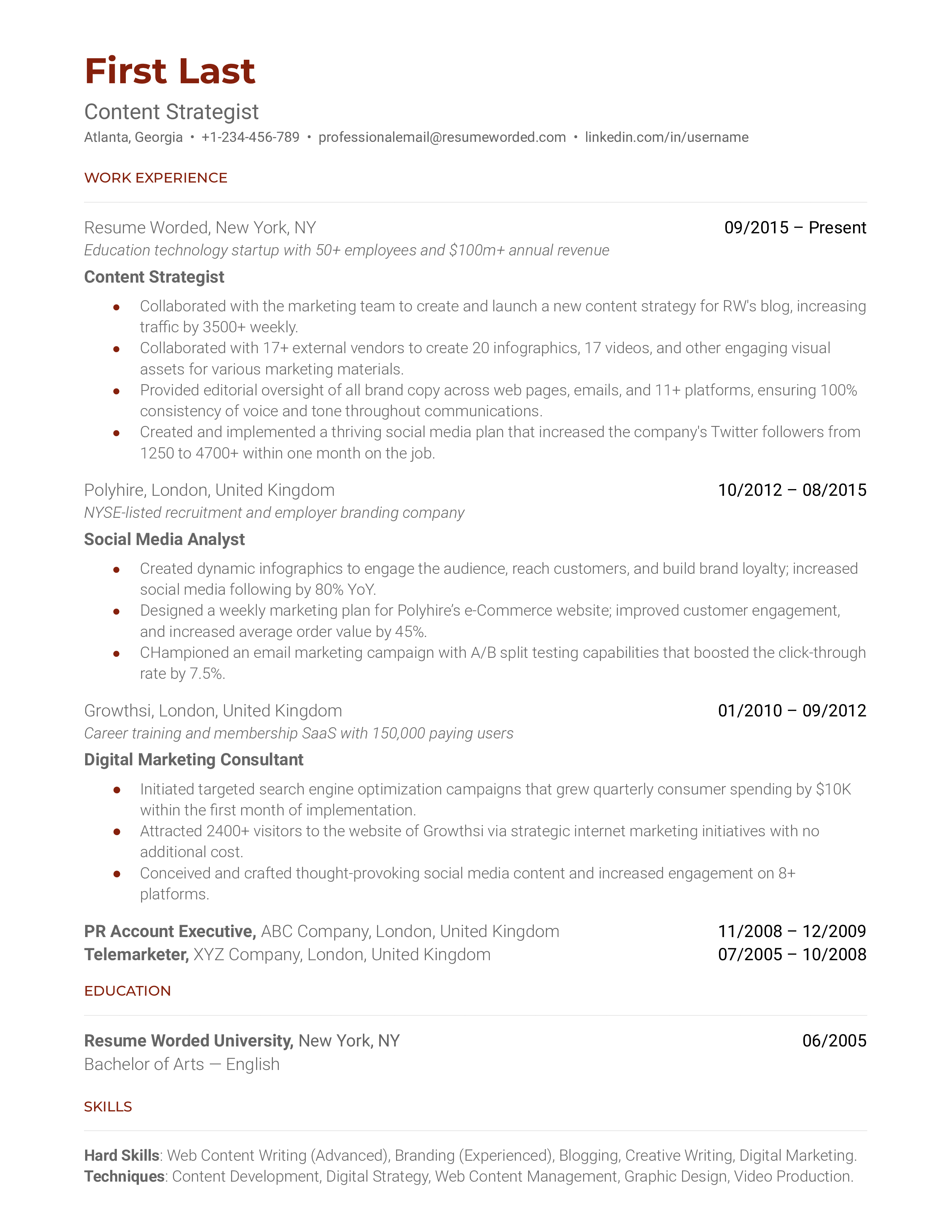 A resume for a content strategist with a BA in English and experience as a social media analyst and digital marketing consultant.
