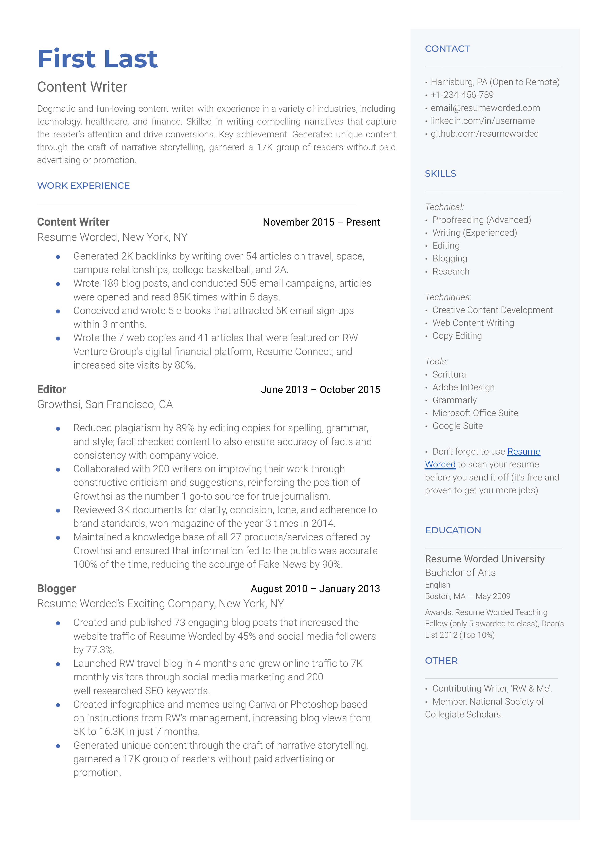 A content writer resume sample that highlights the applicant’s variety in experience and strong educational background.