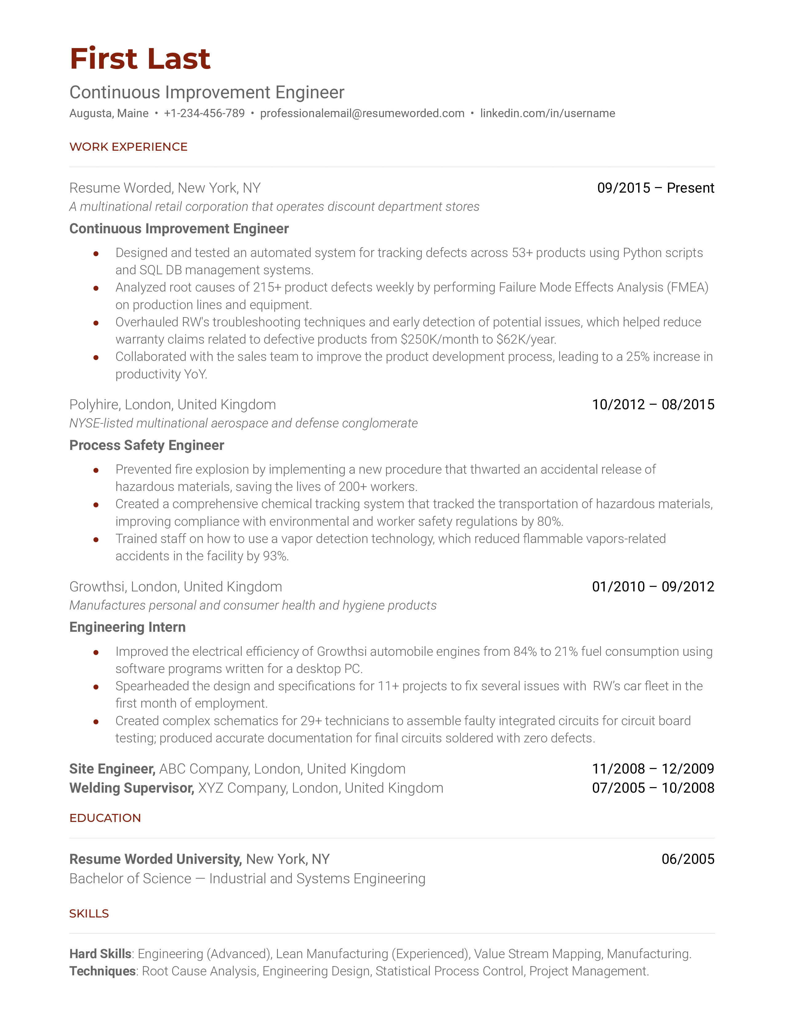 A CV of a Continuous Improvement Engineer showcasing technical skills and methodologies used.