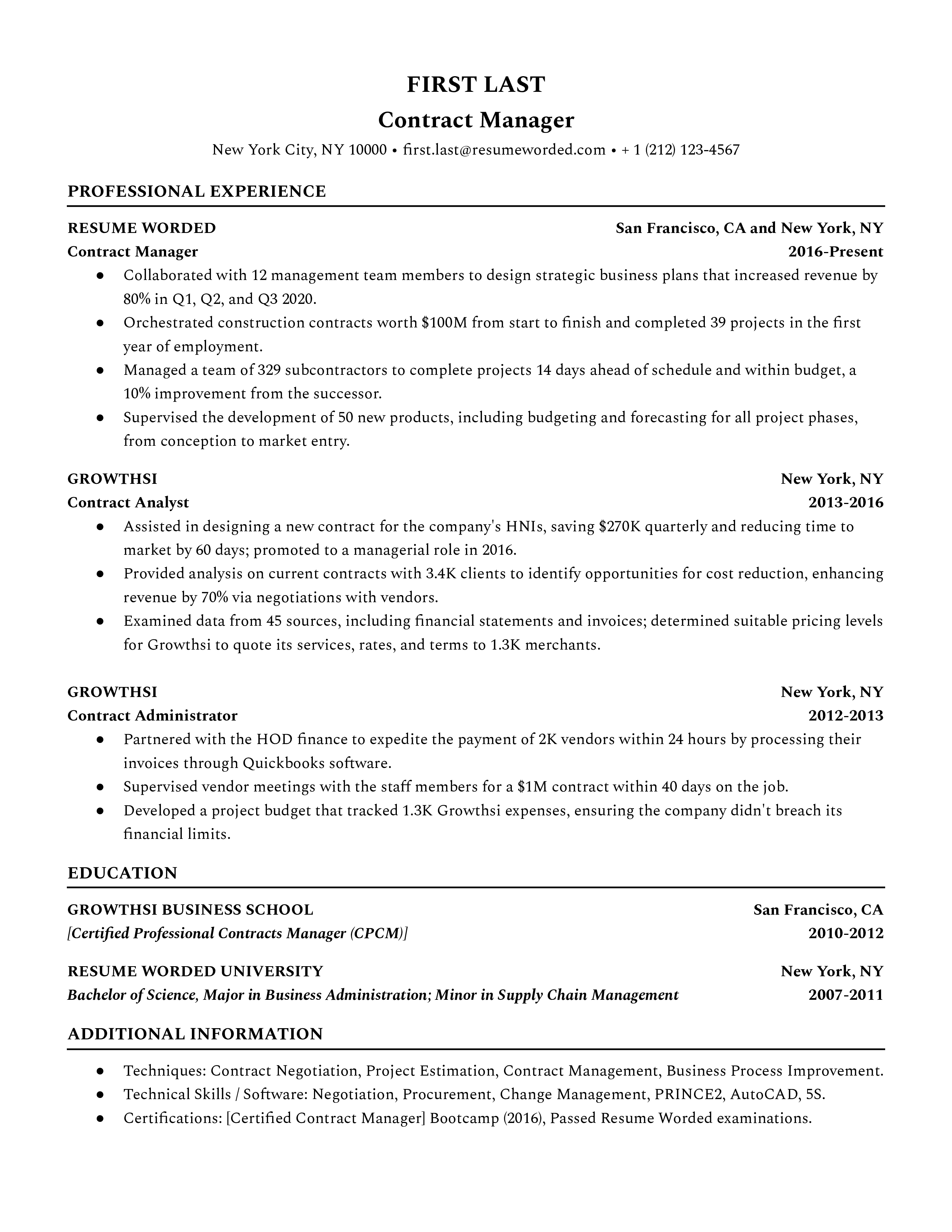 A contract manager resume sample that highlights the applicant’s career growth and strong skills section.