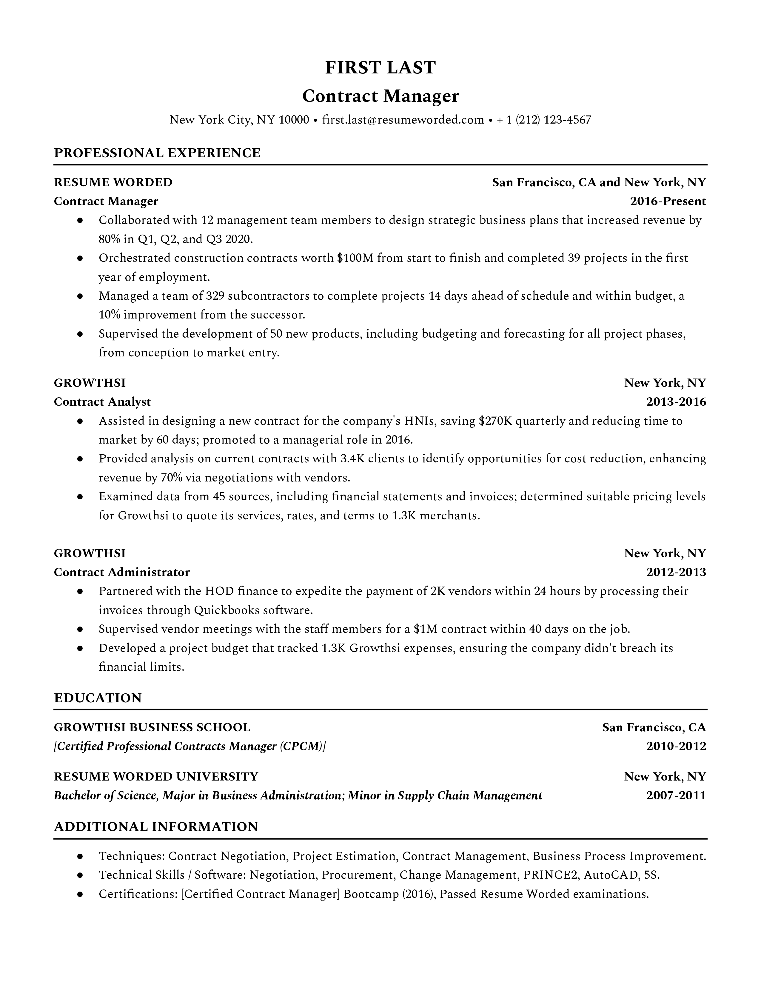 A snapshot of a well-compiled CV for a Contract Manager role.