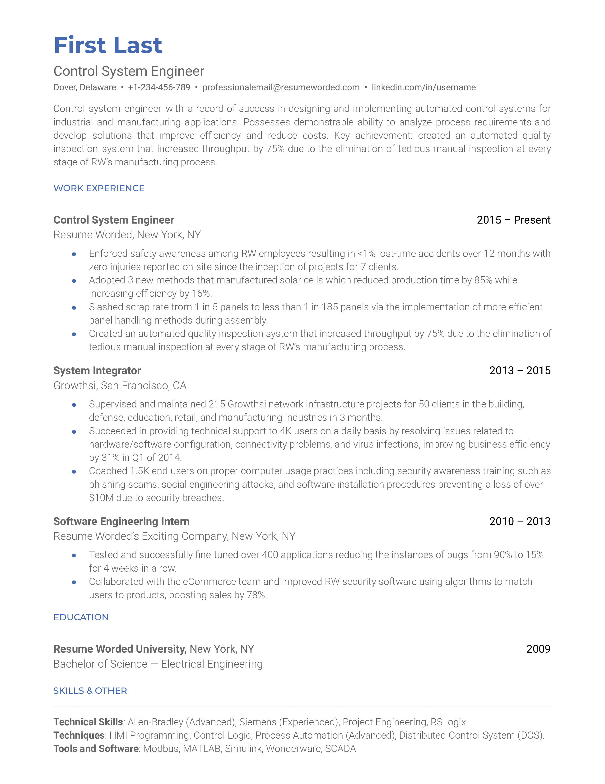 A Control System Engineer  resume template that highlights work experience and includes skills and education