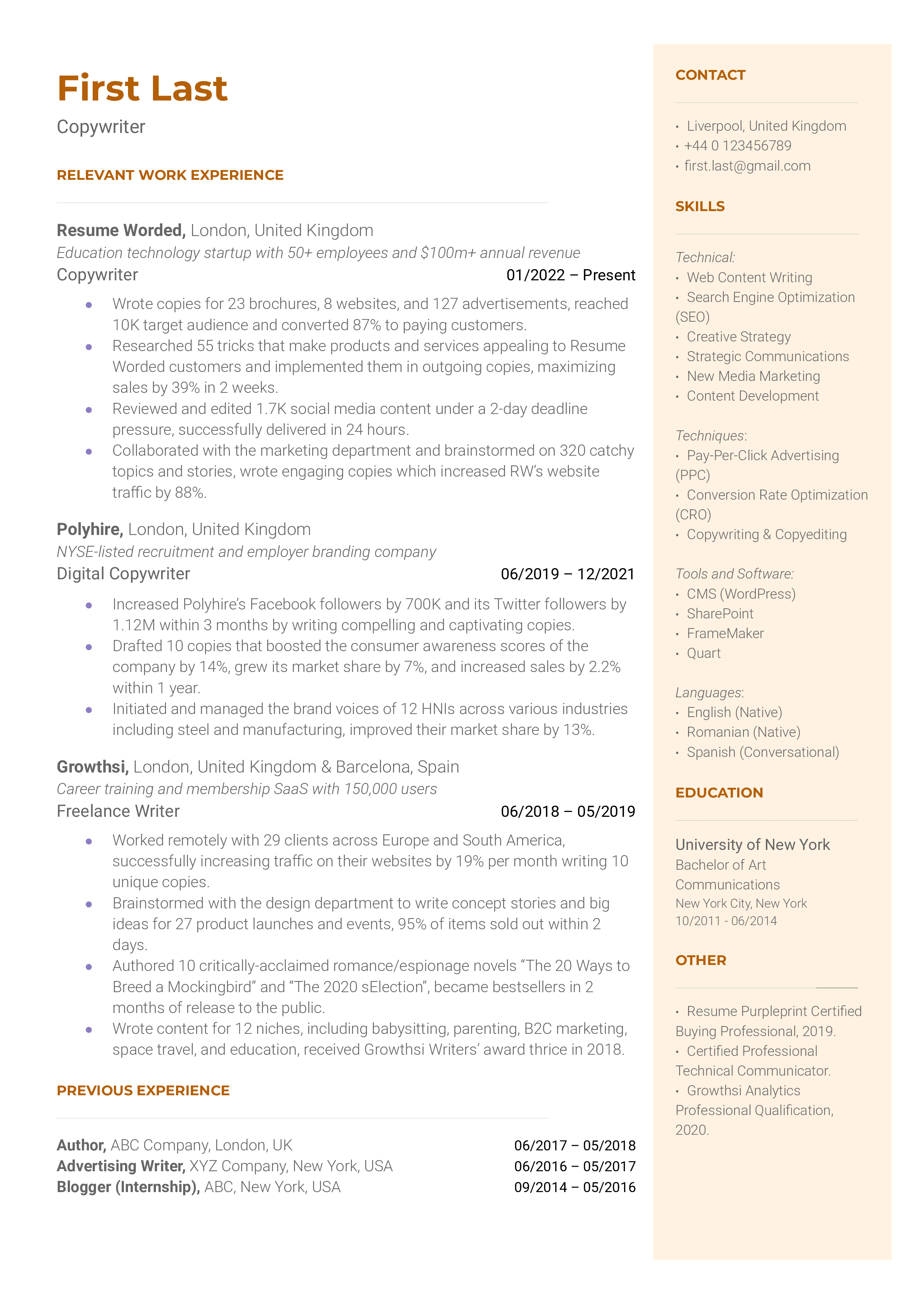 Copywriter resume sample with highlights on work portfolio and applicant's value addition.