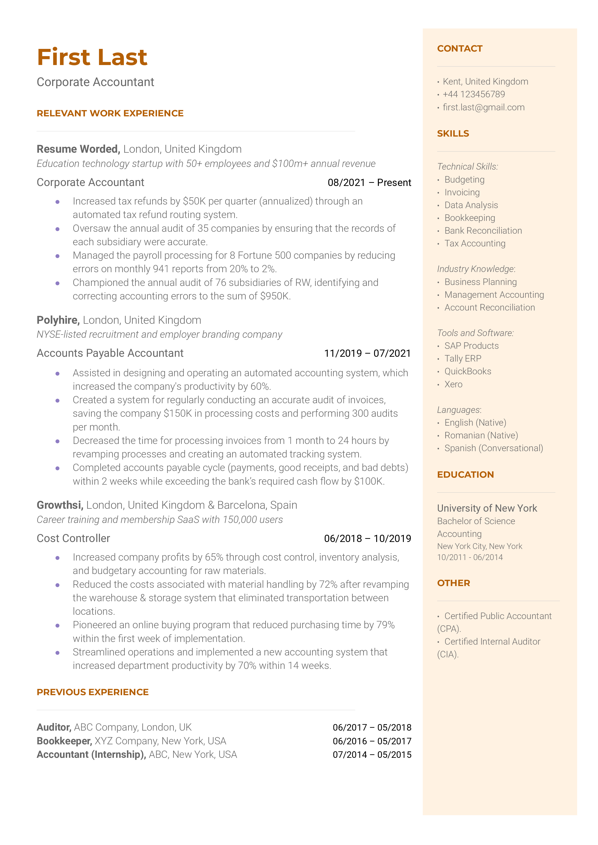 A well-structured CV of a corporate accountant showcasing proficiency in financial management tools and strategic planning abilities.
