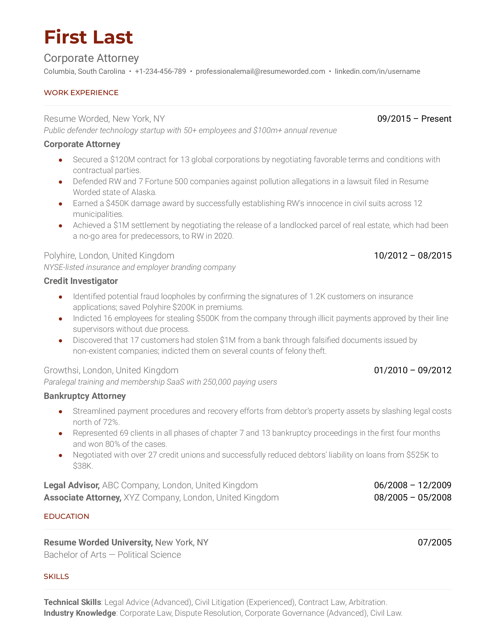A well-structured corporate attorney CV showcasing legal certifications and negotiation skills.