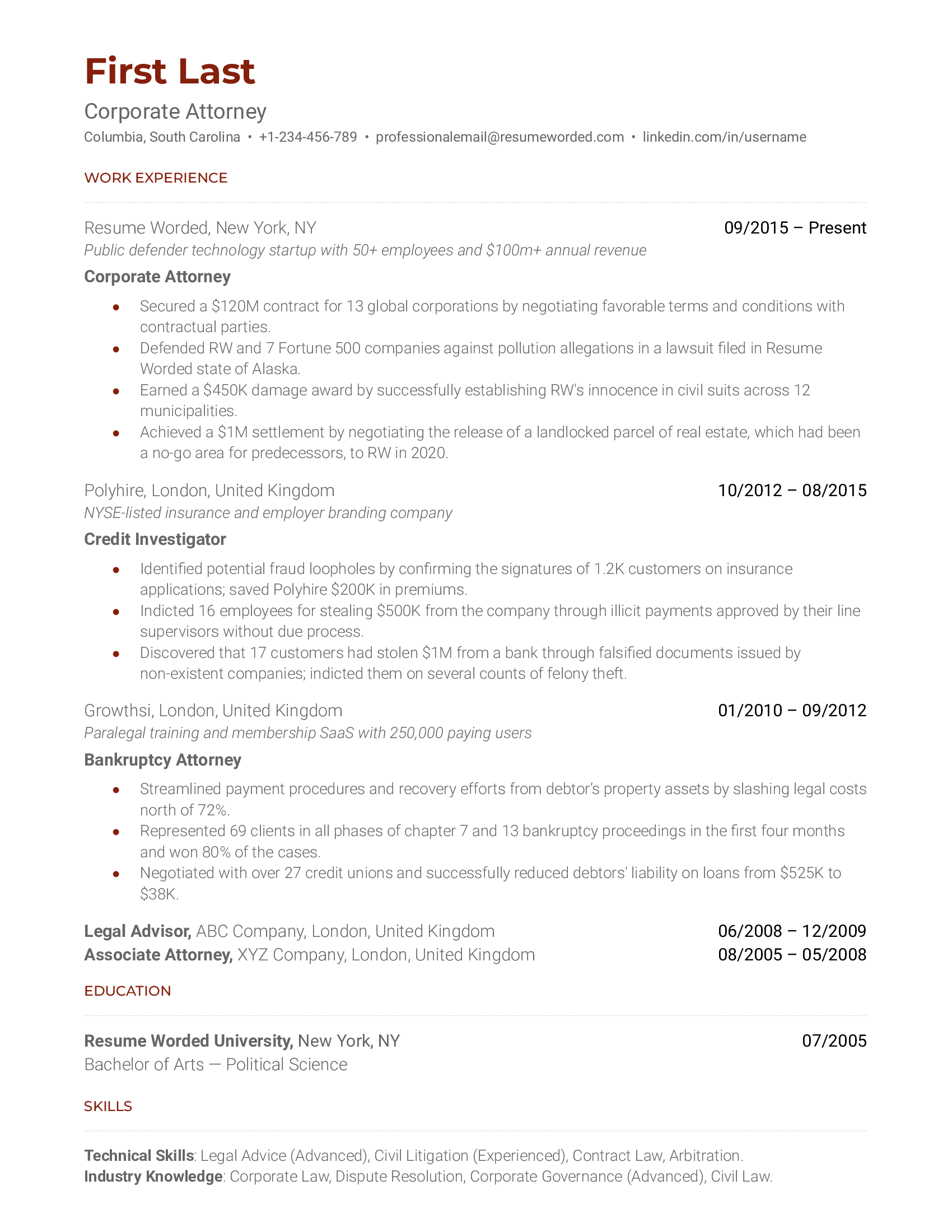 Corporate Attorney Resume Example For 2022 Resume Worded