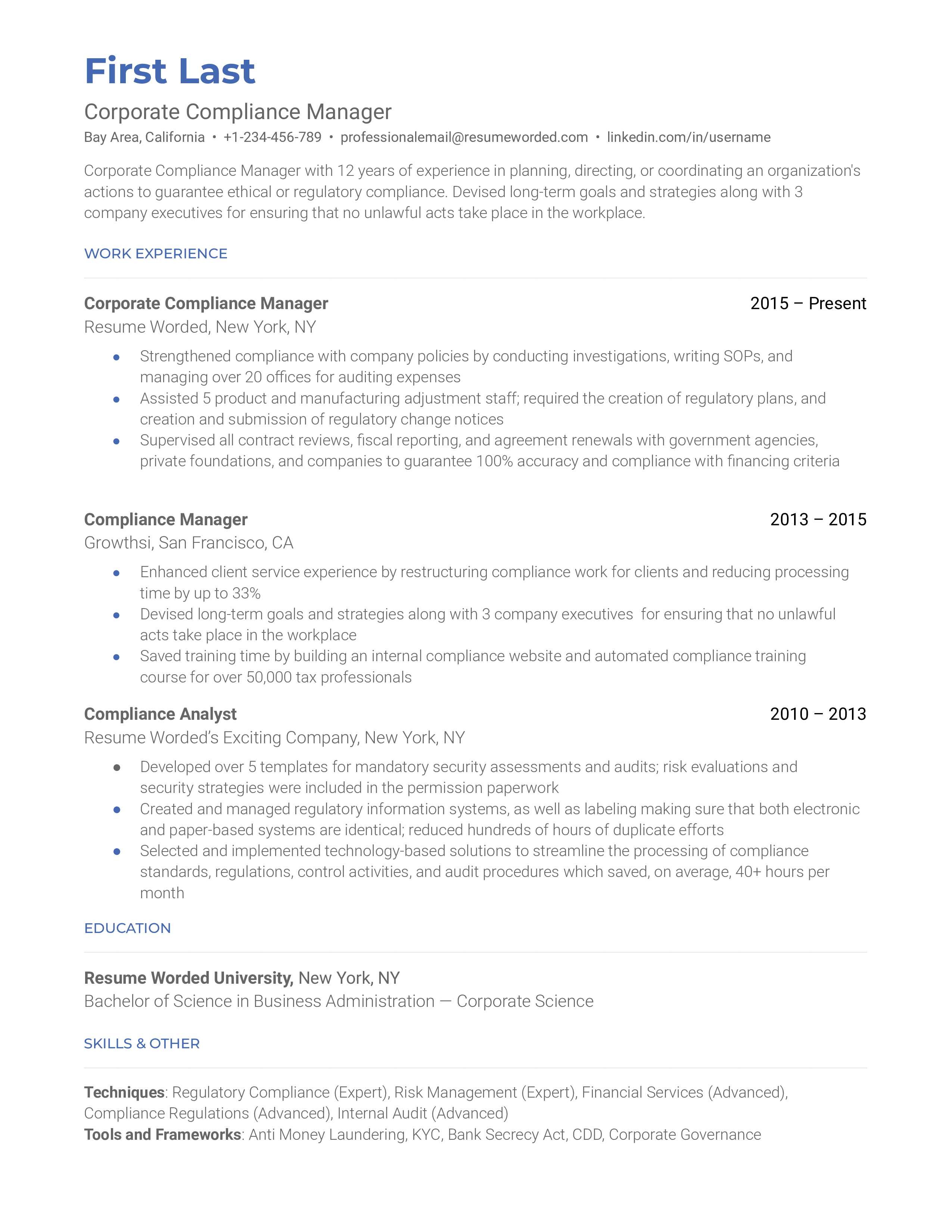 Corporate Compliance Manager Resume Sample