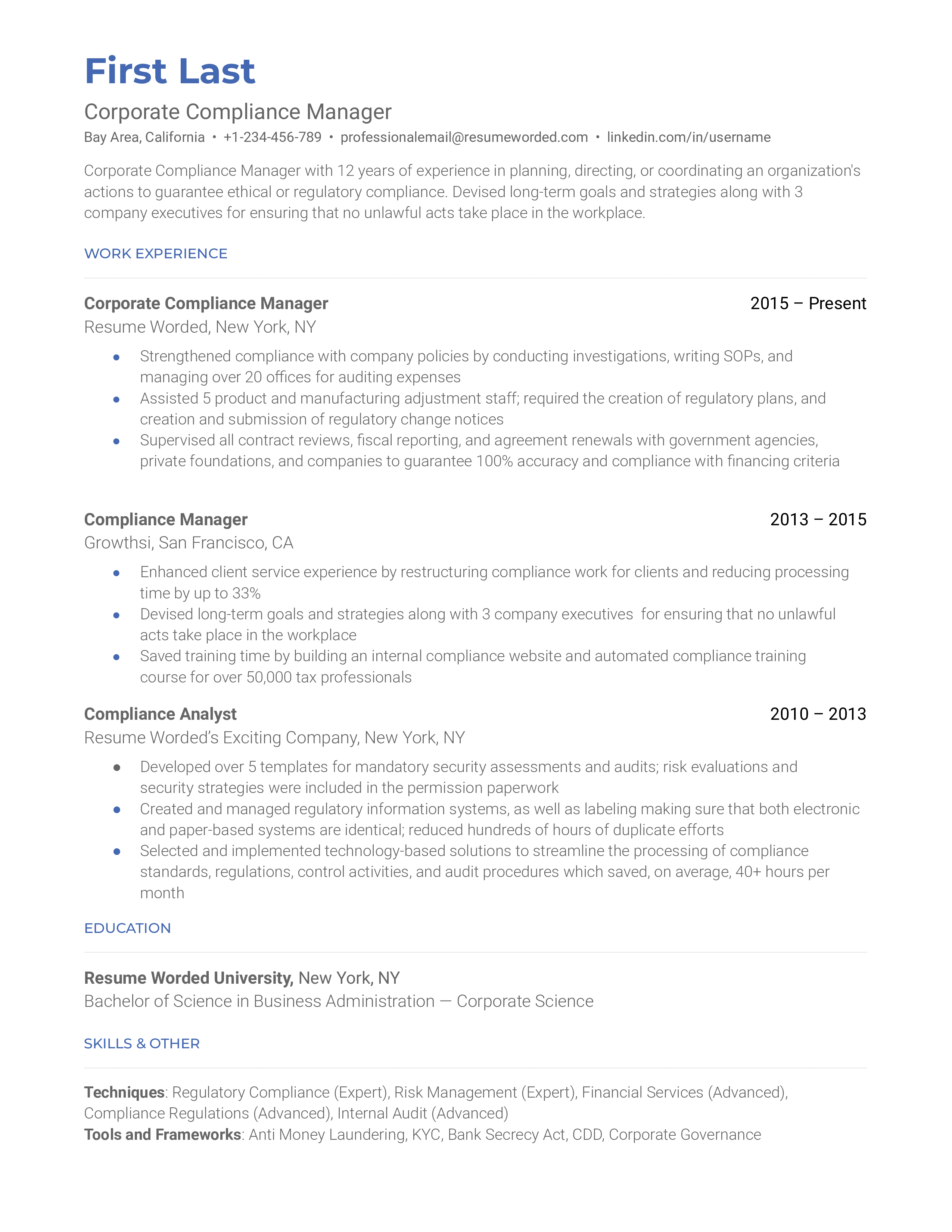 Professional CV of a Corporate Compliance Manager showcasing their experience and familiarity with relevant laws and regulations.