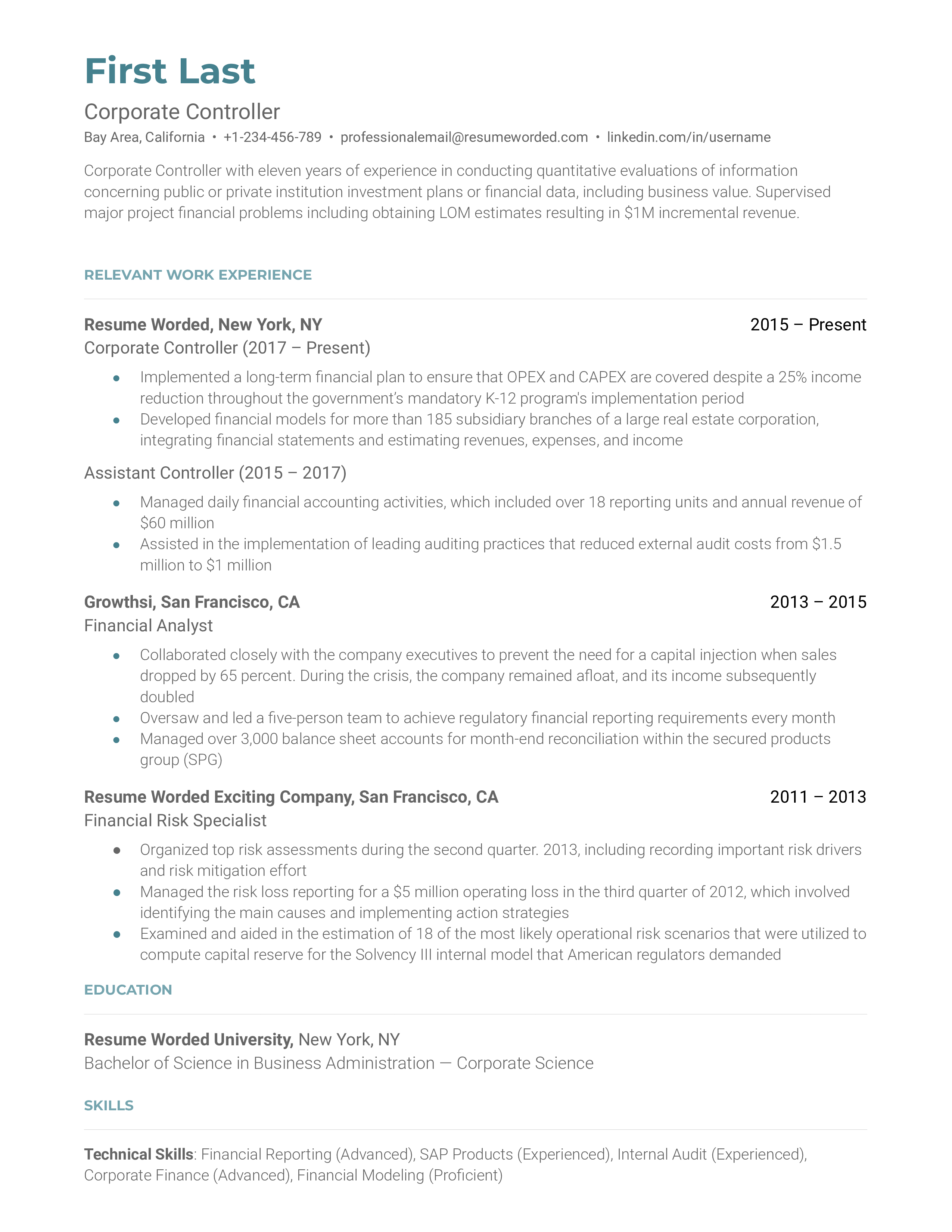 A strong corporate controller resume sample that highlights the applicant's organizational and technical skills.