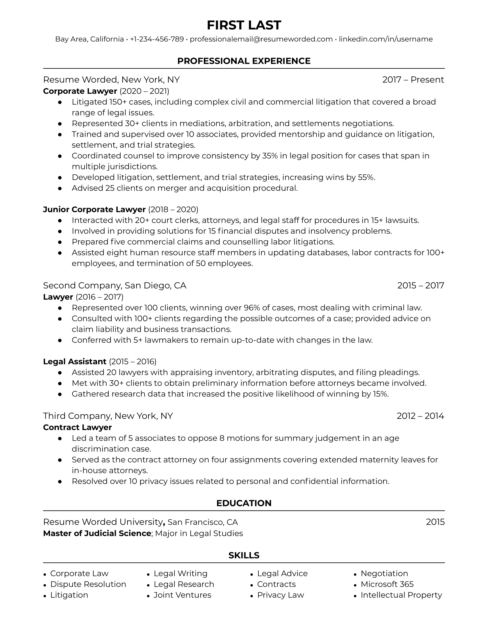 Corporate Lawyer Resume Sample