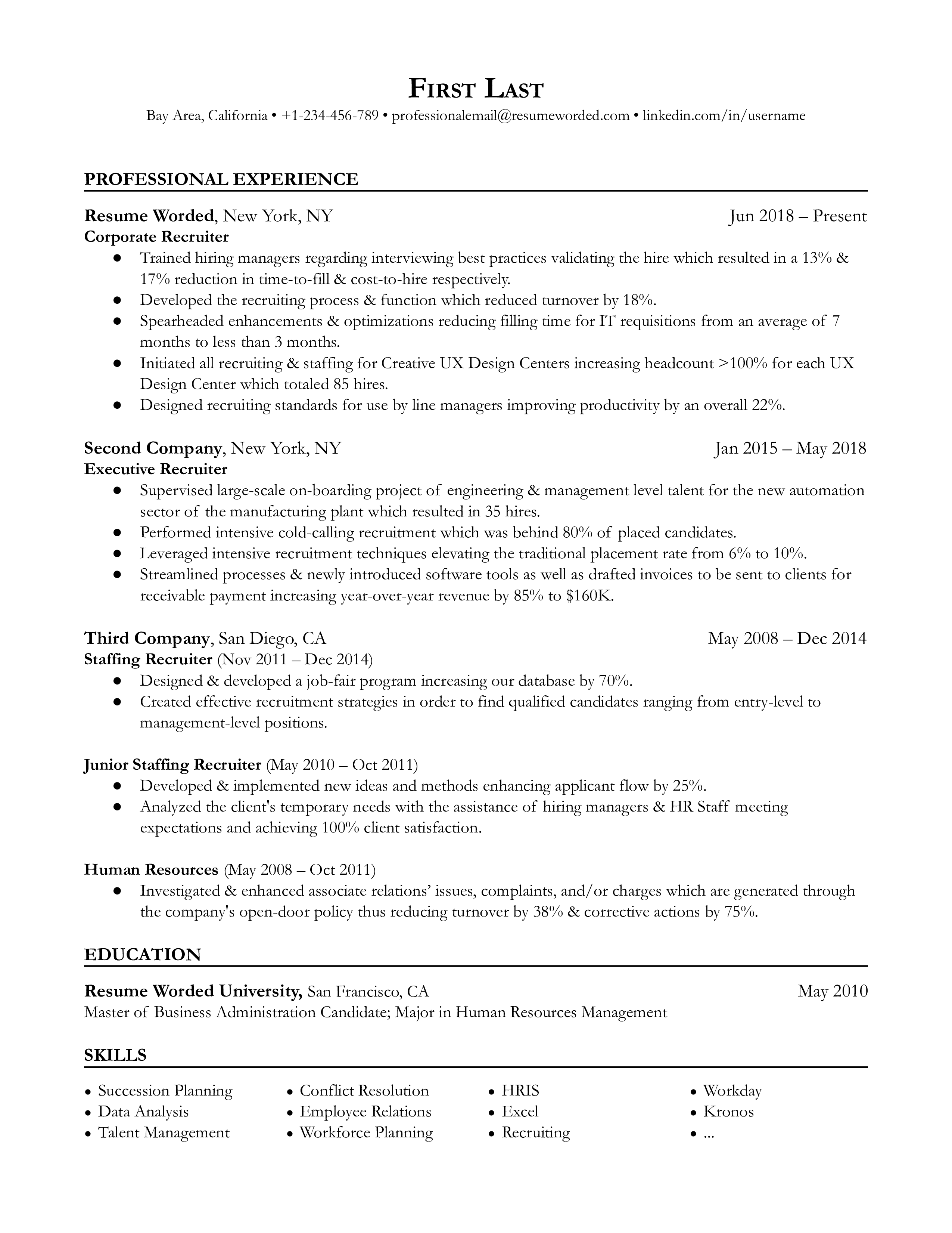An example CV for a corporate recruiter highlighting recruitment strategies and diversity initiatives.