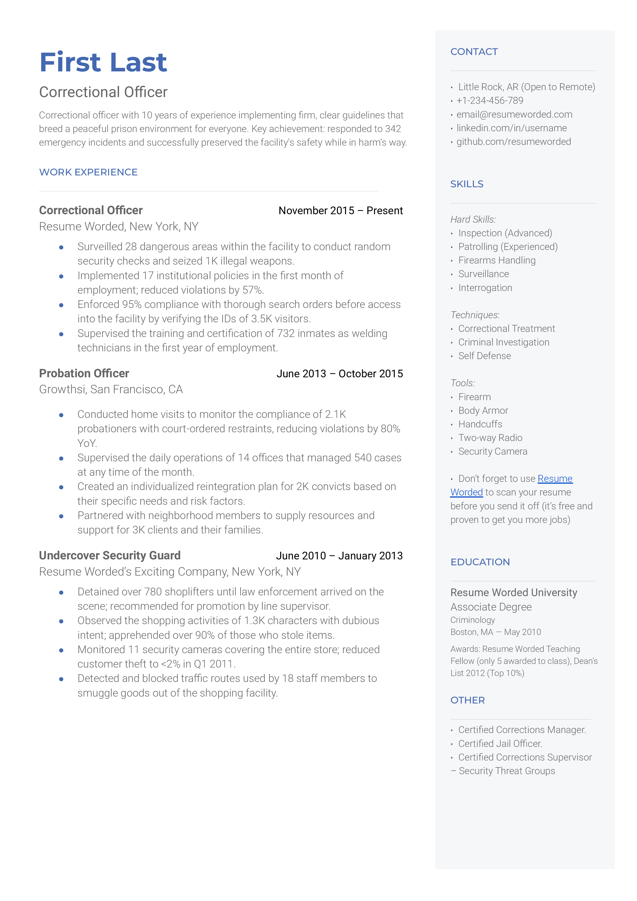 A correctional officer resume sample that highlights the applicant’s impressive metrics and skills section.