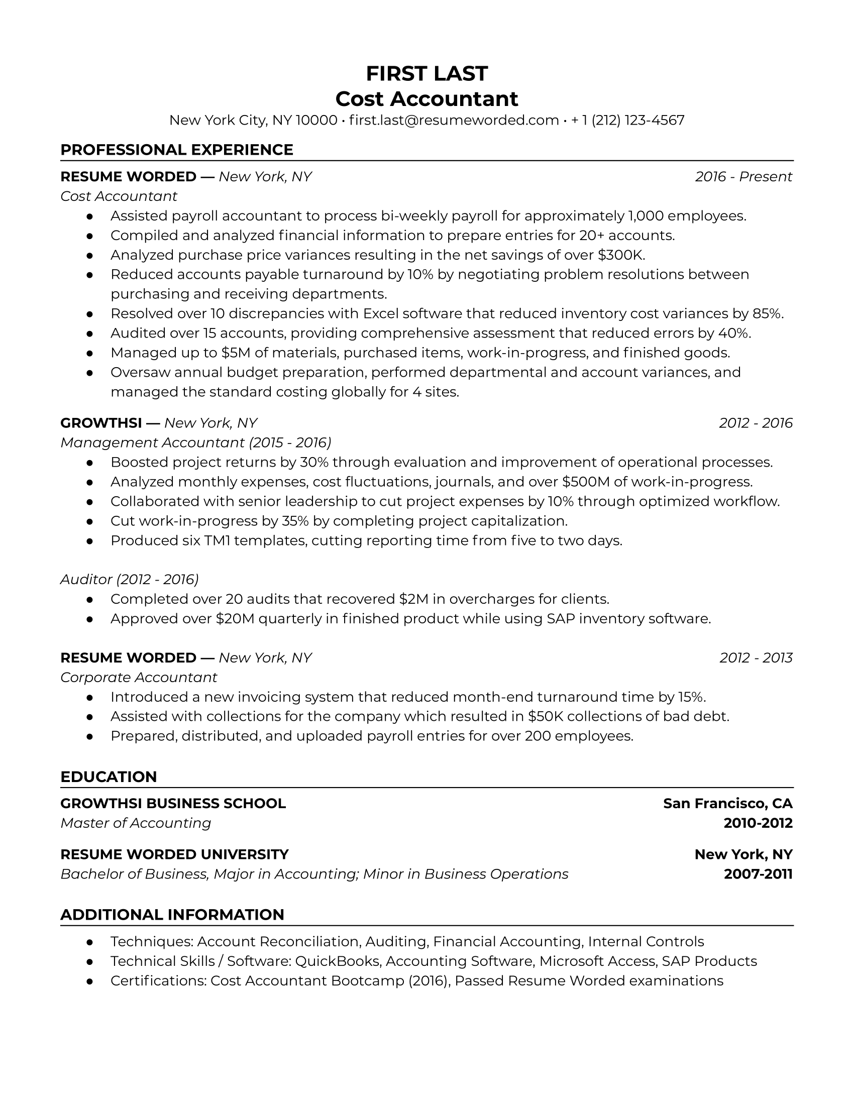 Cost Accountant Resume Template + Example