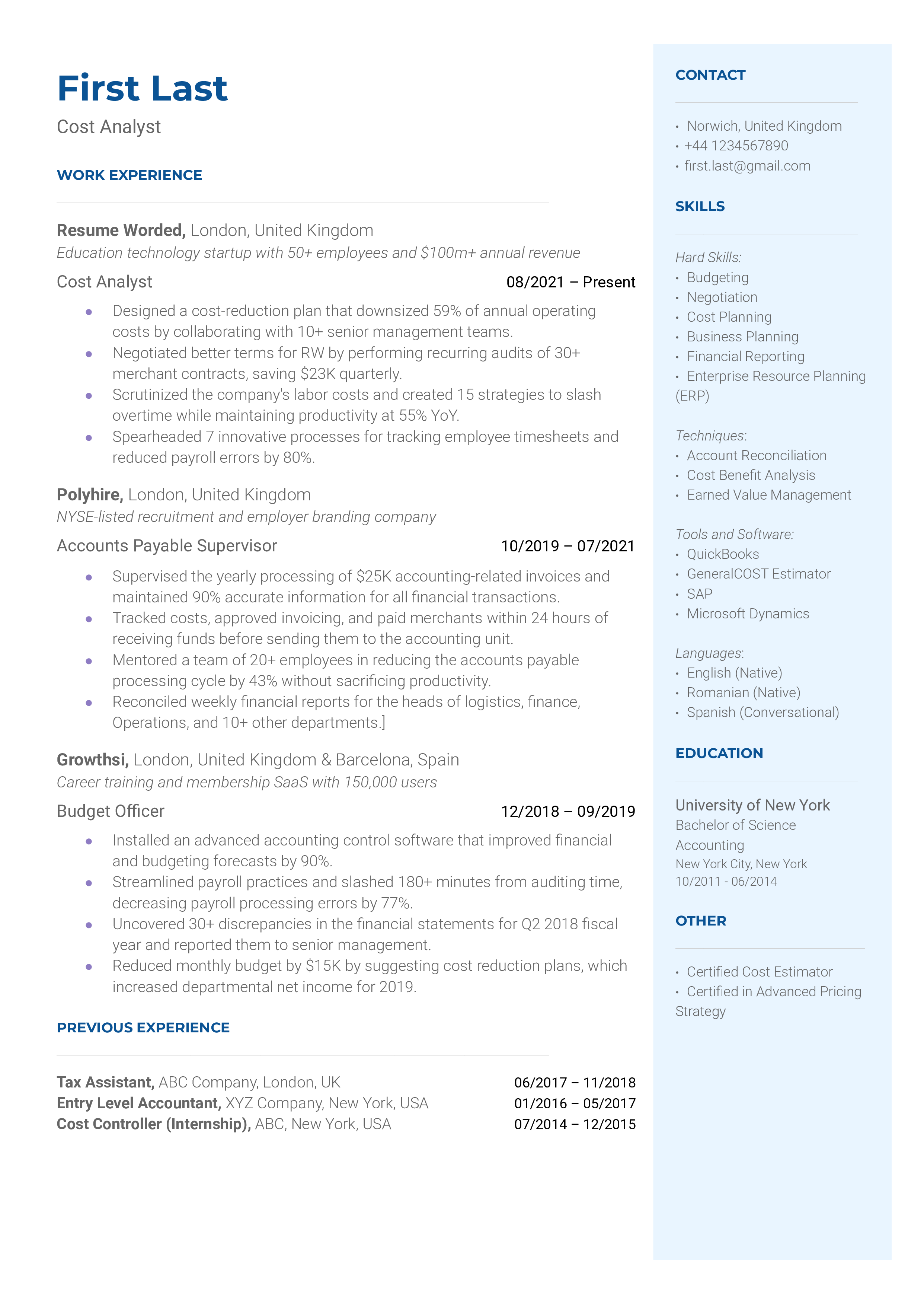 A cost analyst resume template highlighting relevant financial experience.