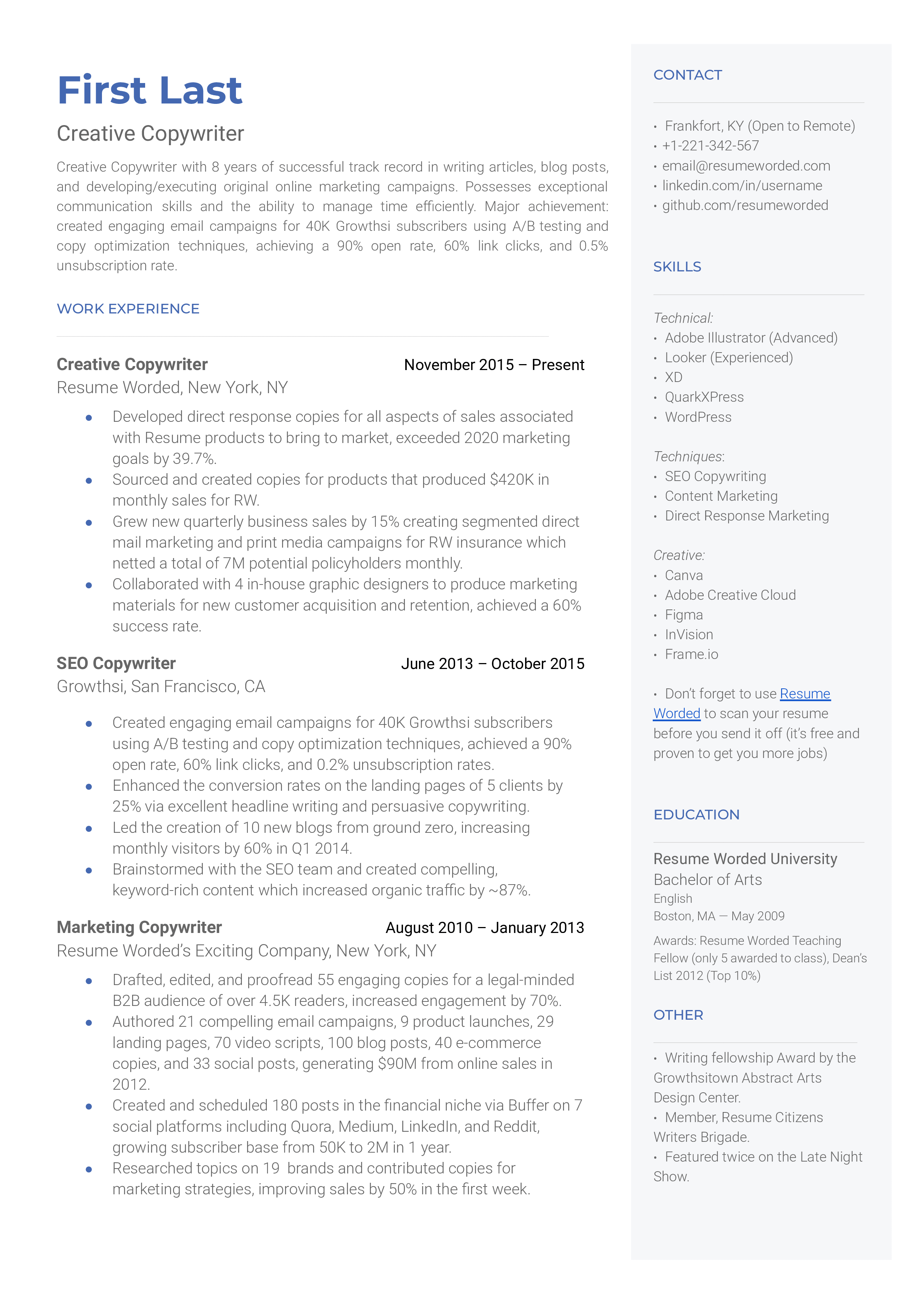 A creative copywriter resume sample that highlights a strong techical skill section and creative experience across various mediums