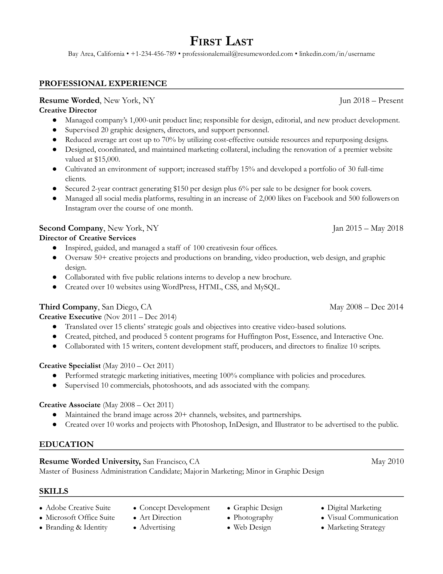 A CV of an applicant aiming for the Creative Director position showcasing their leadership experience and digital expertise.