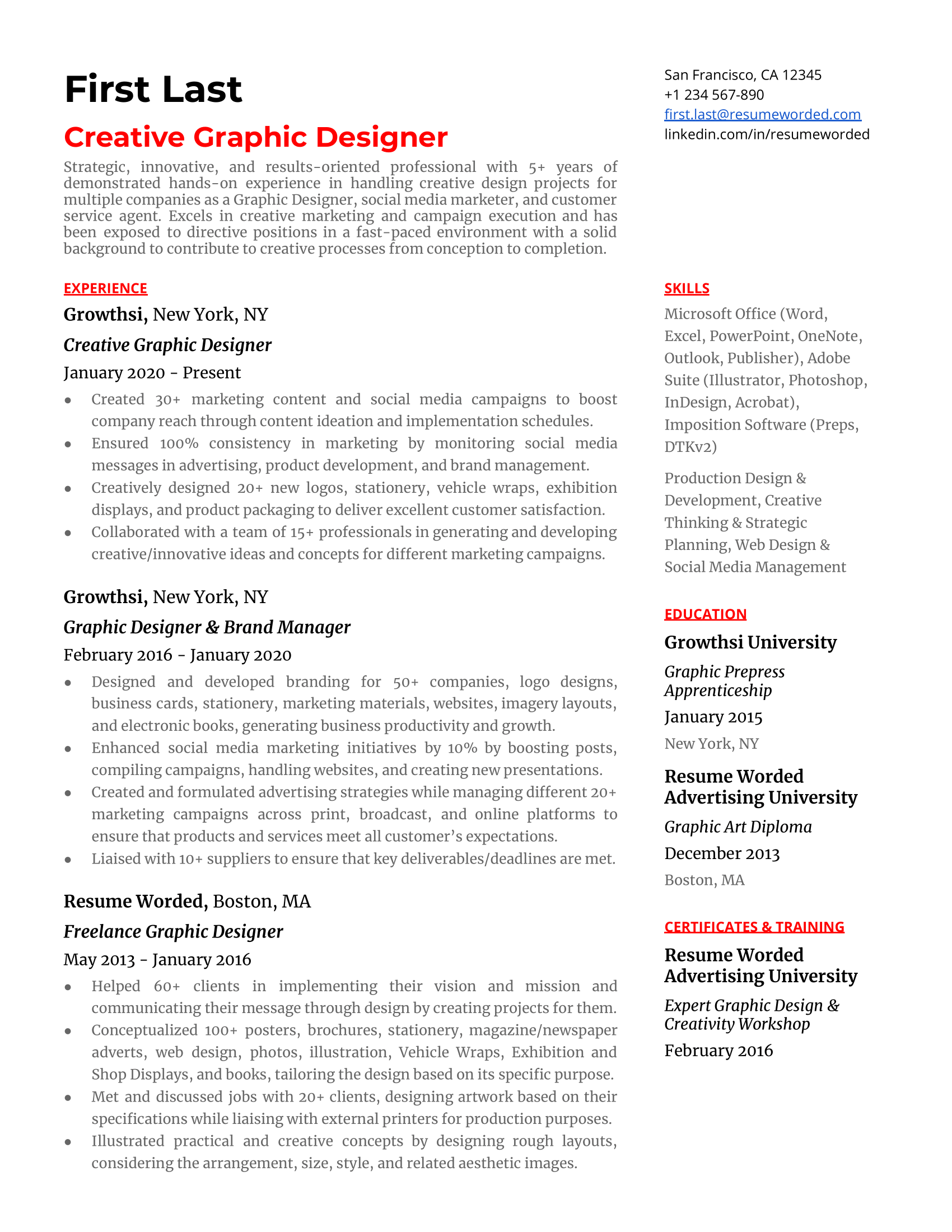 A creative graphic designer resume template using strong metrics to illustrate accomplishments.