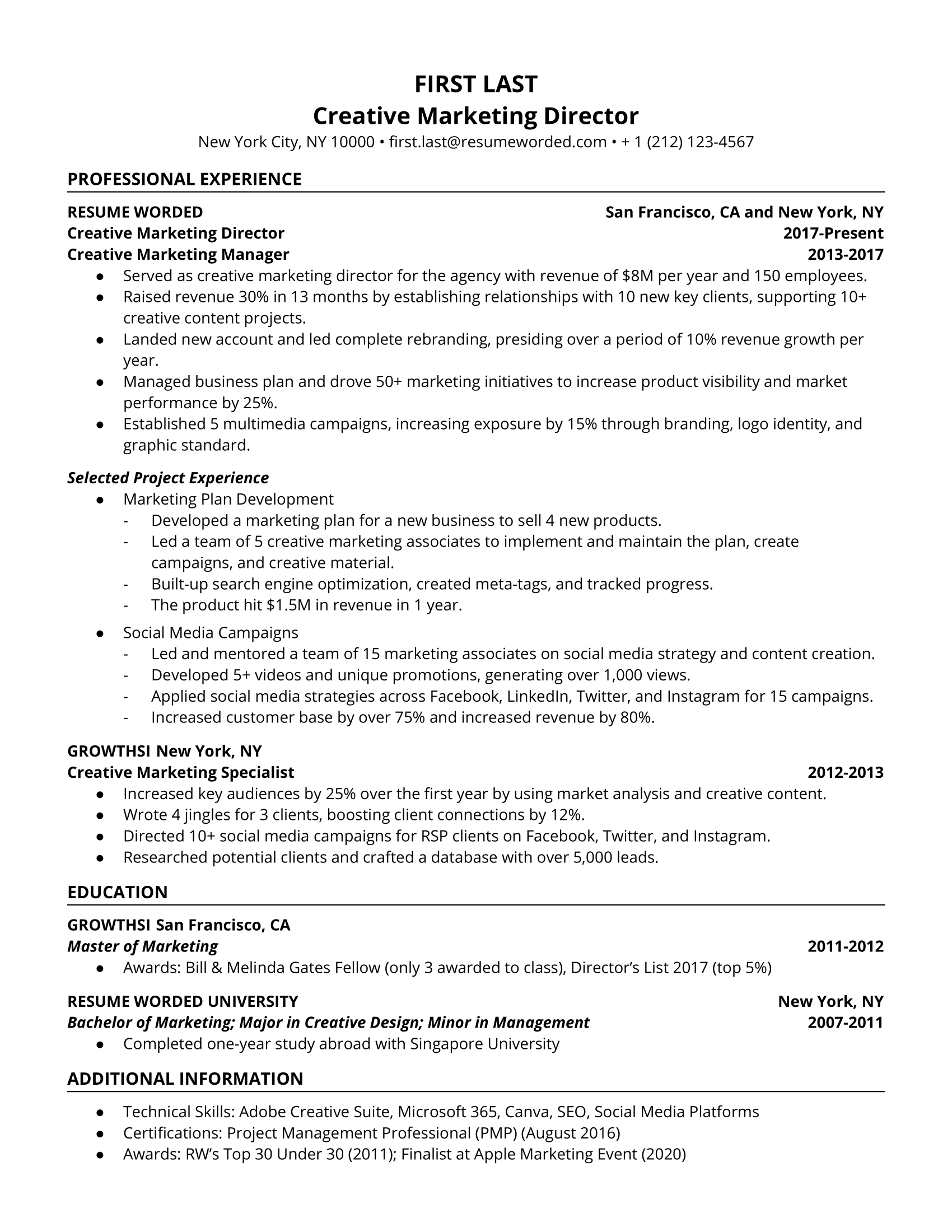 Creative Marketing Director Resume Sample