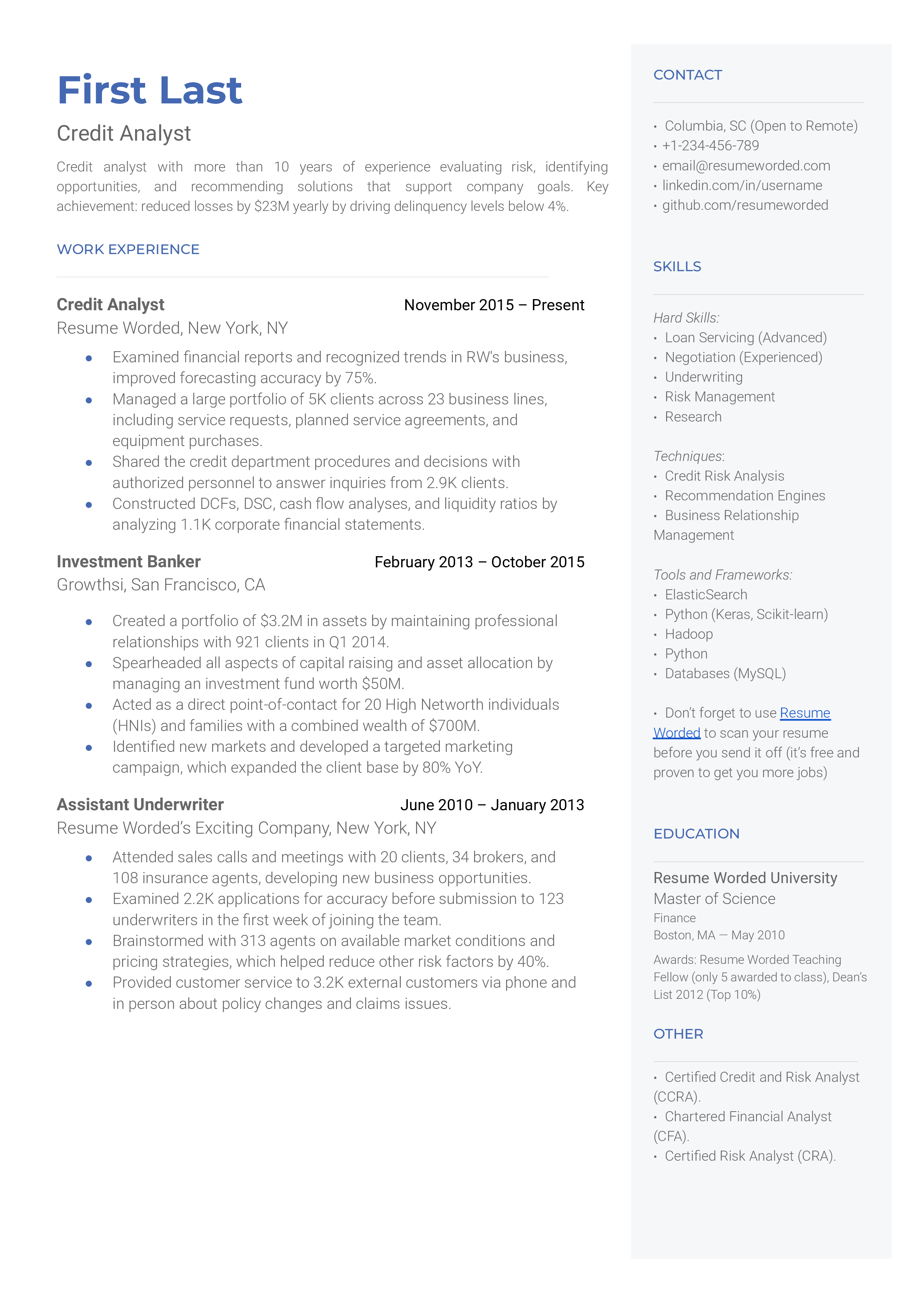 A credit analyst resume template that uses strong metrics to illustrate achievements 