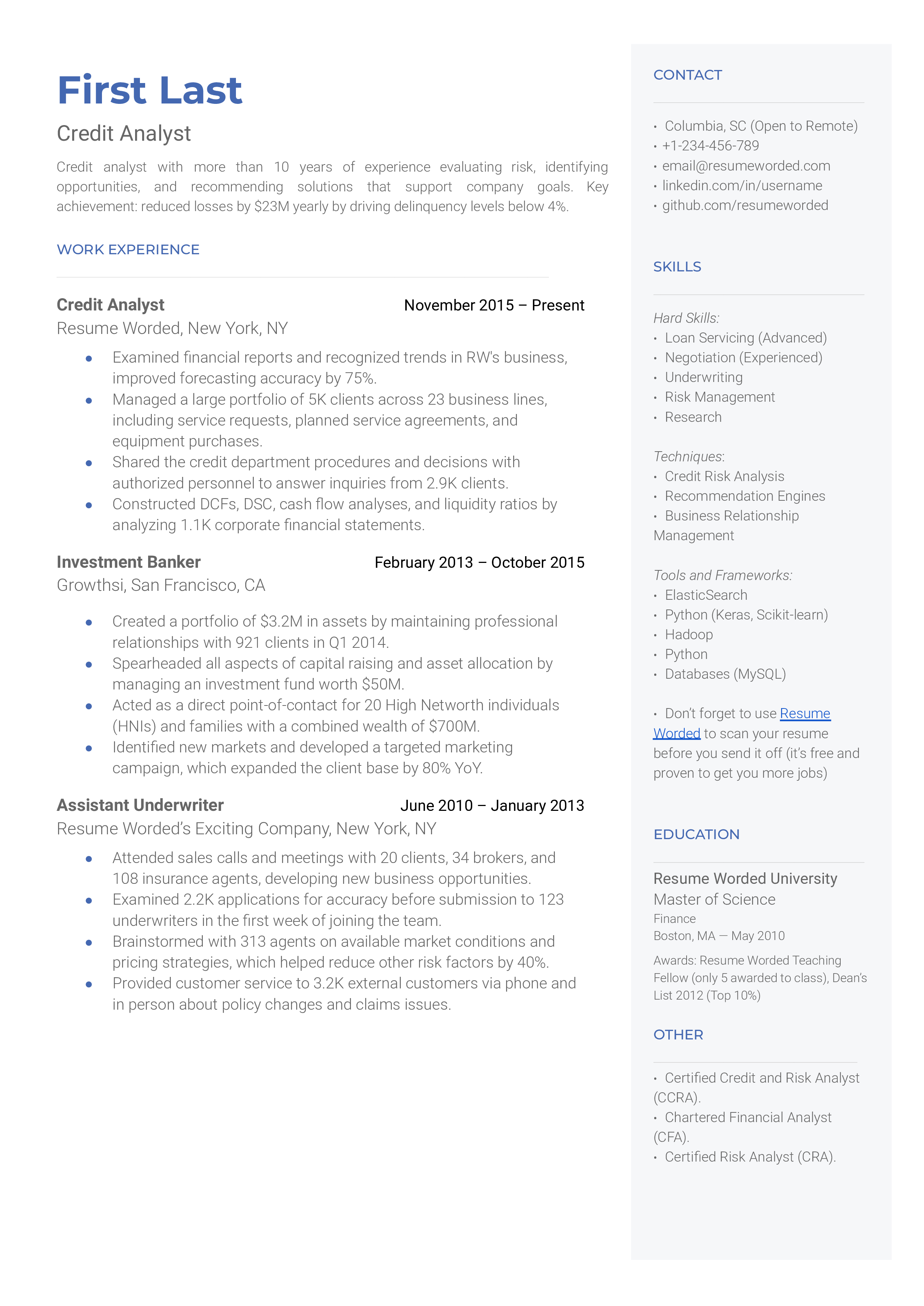 Commercial Credit Analyst Resume Example for 2023 Resume Worded