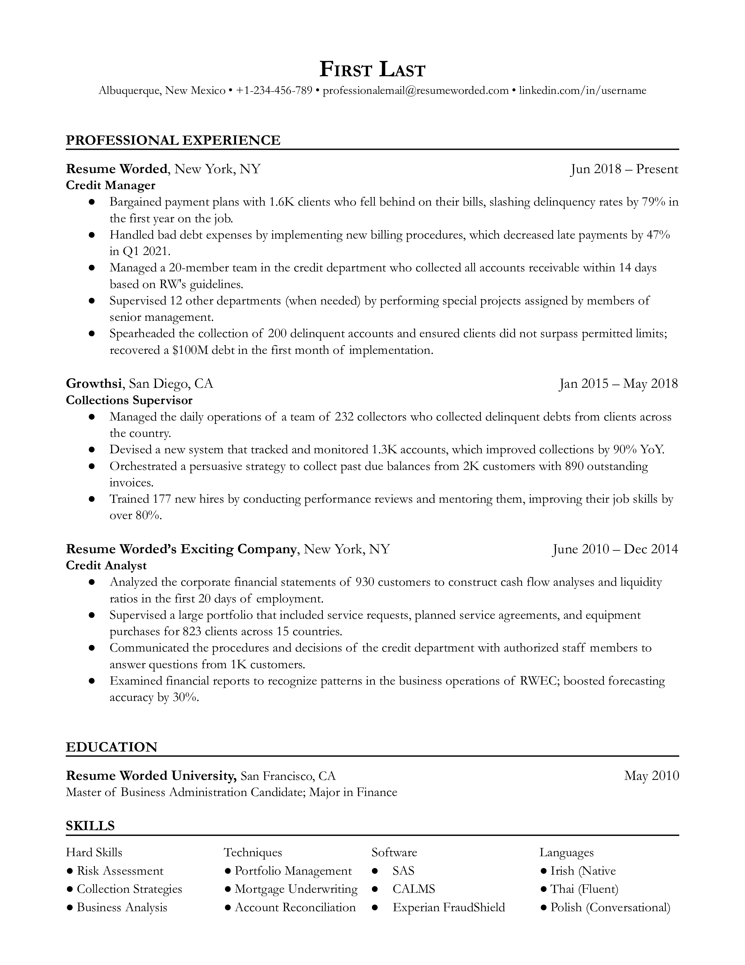 Screenshot of a credit manager's resume with strategic and cross-departmental experience highlights.