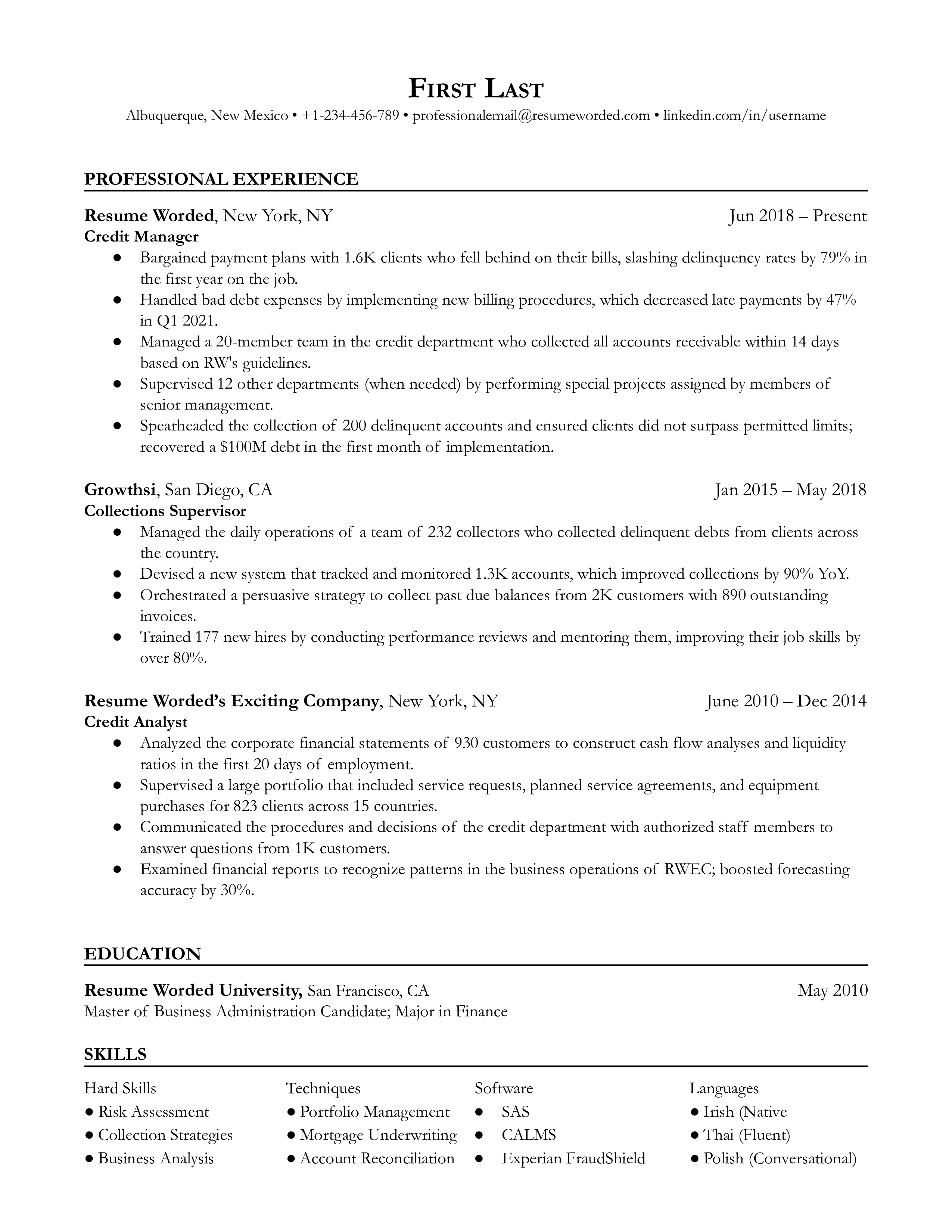 A professional CV showcasing a Credit Manager's risk management and negotiation skills.