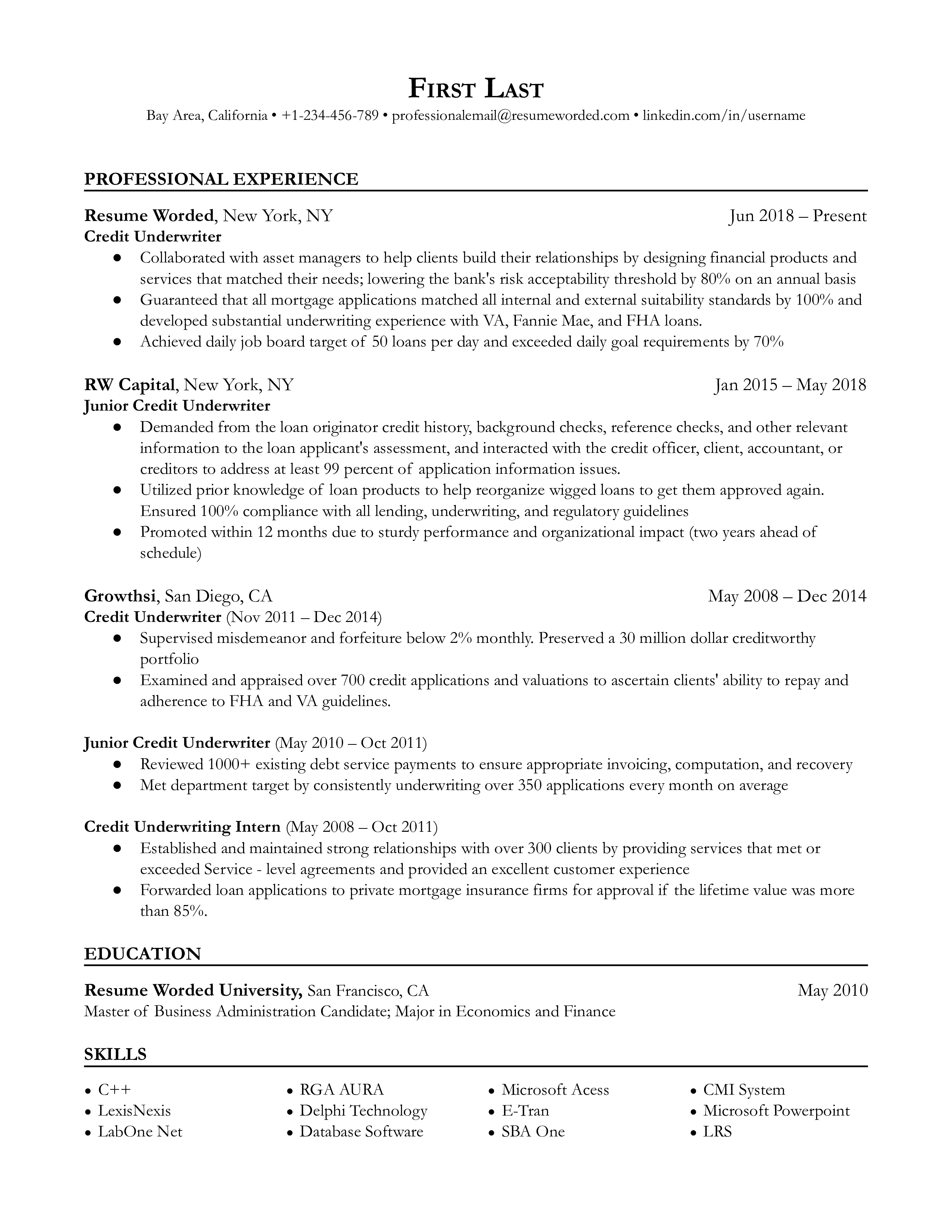 A credit underwriter's resume template is shown as an example of how to write an impressive resume.