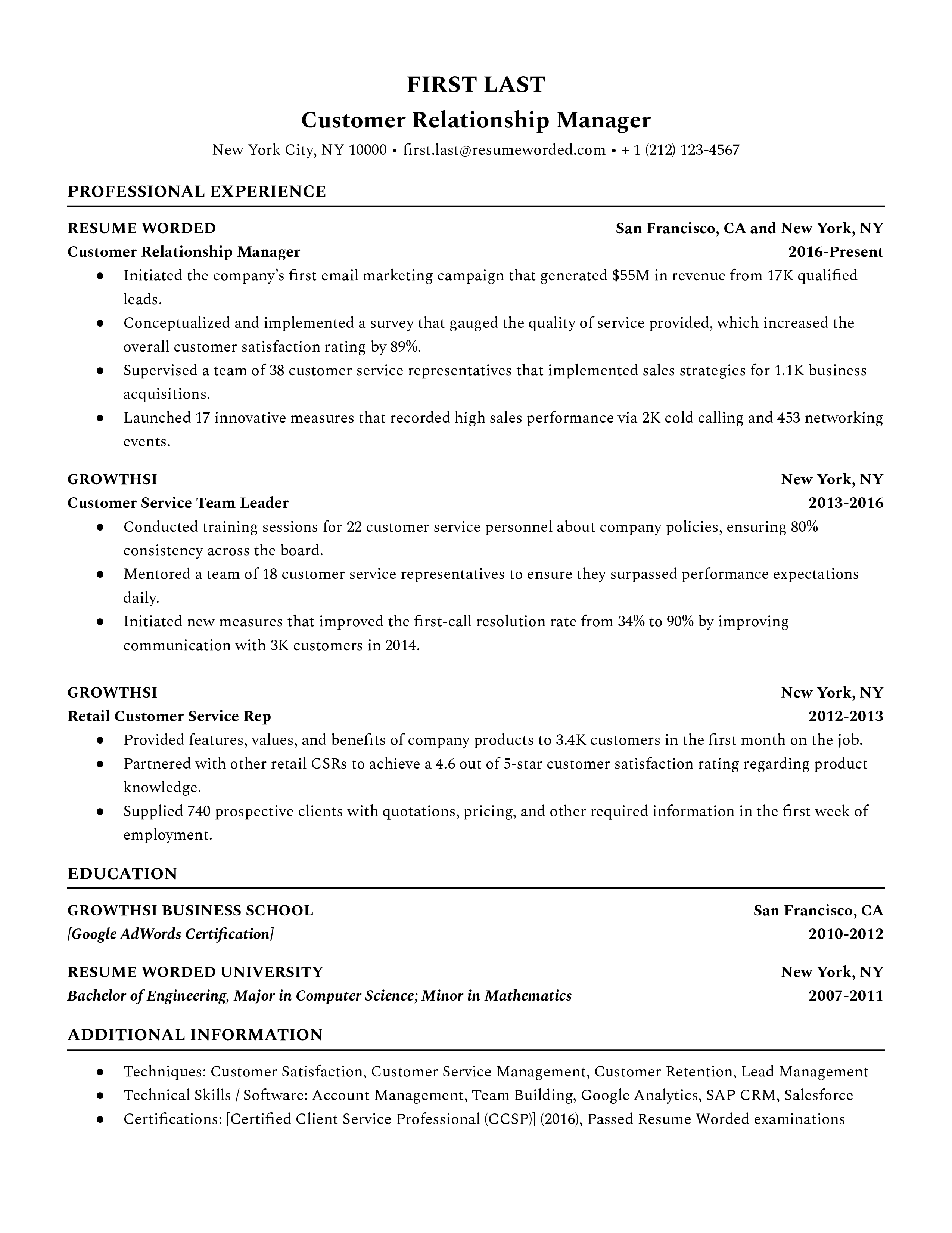 A customer relationship manager resume sample that highlights the applicant’s strong skill set and successful experience.