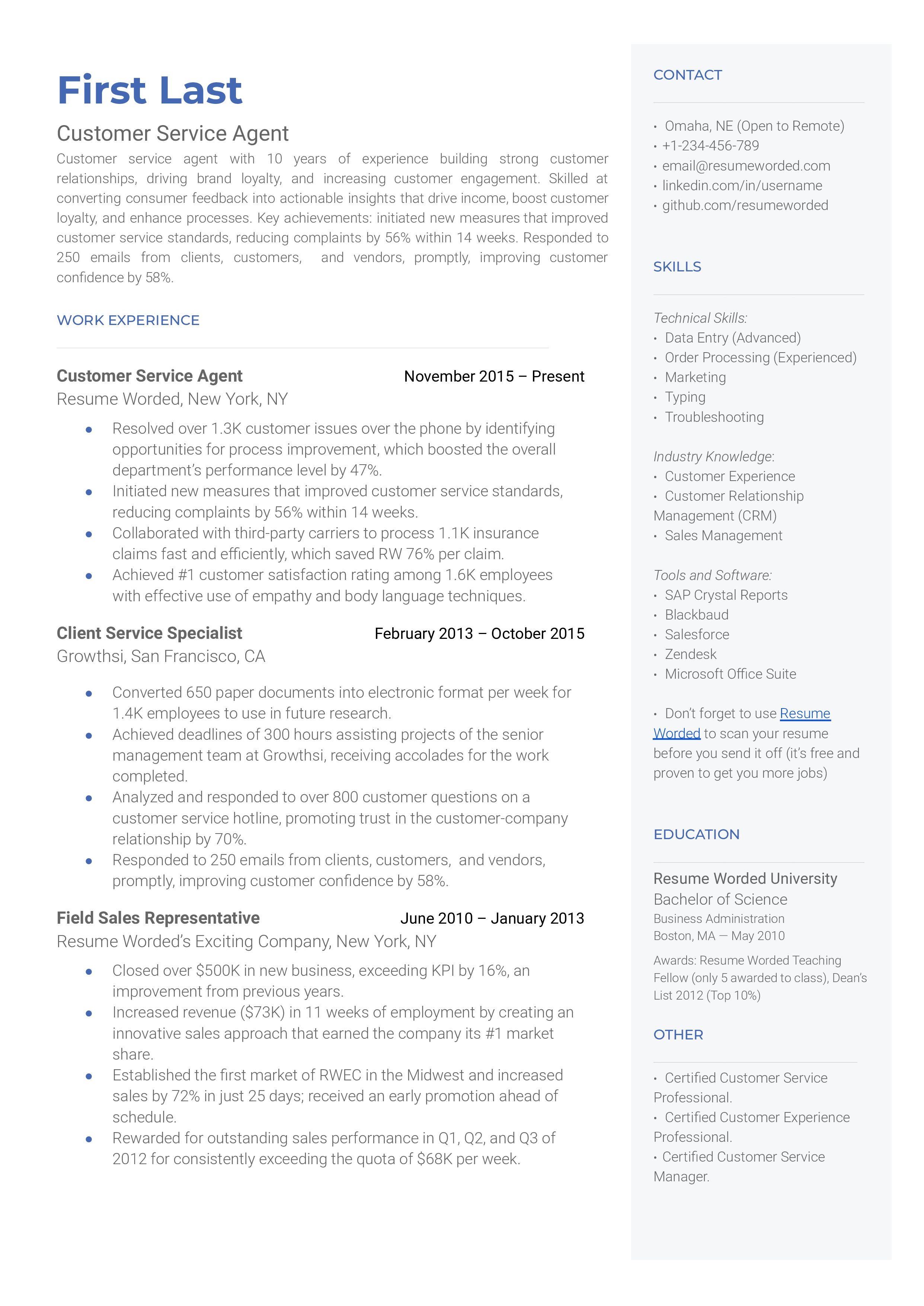 A customer service agent resume sample that highlights the applicant’s experience and workload capabilities.