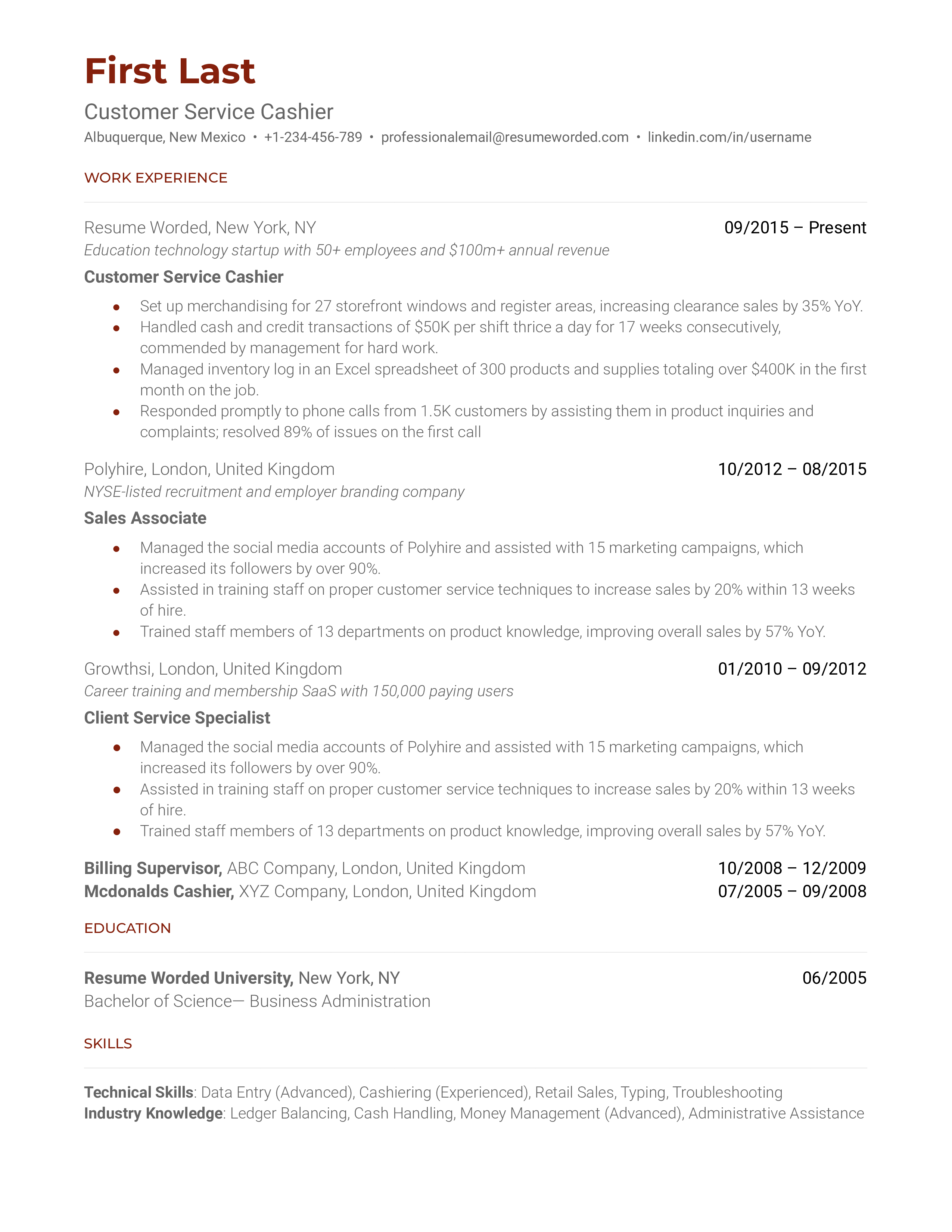 A customer service cashier resume sample that highlights the applicant’s financial experience and cashier tools.