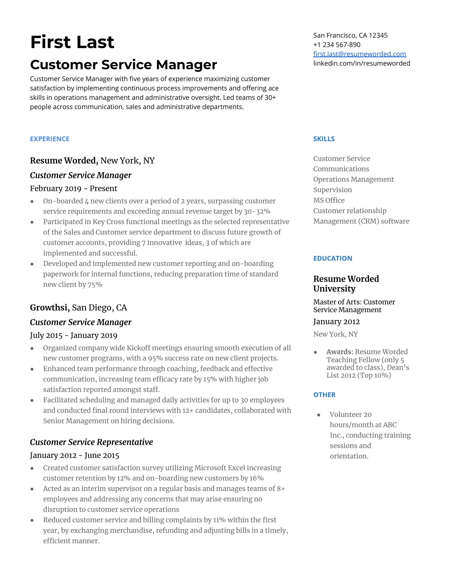 Customer Service Manager Resume Template + Example