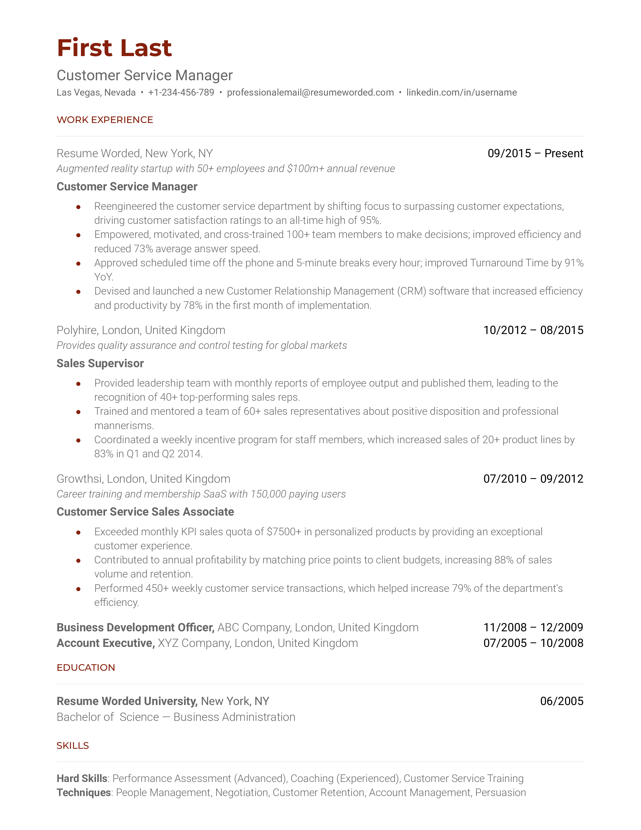 A resume for a customer service manager with a degree in customer service management and experience as a customer service representative.