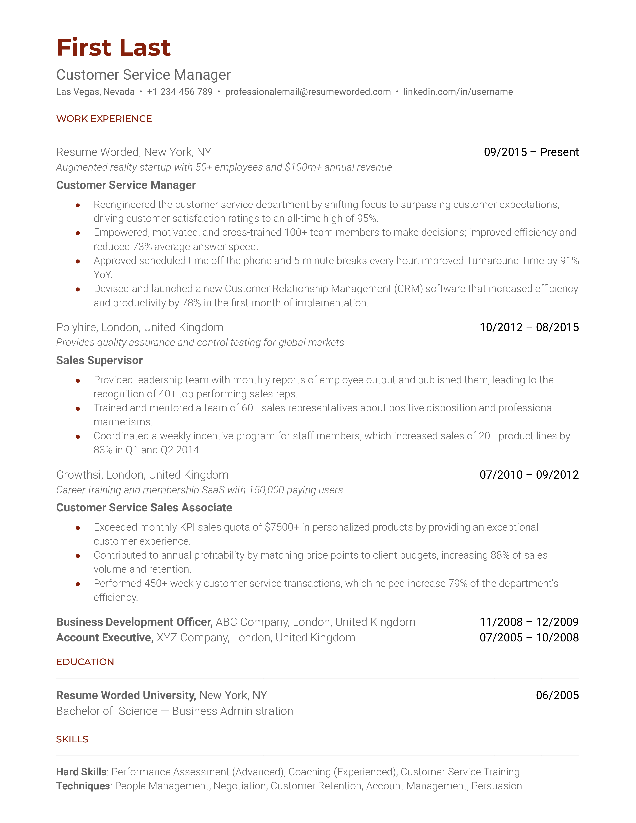 customer service manager skills resume