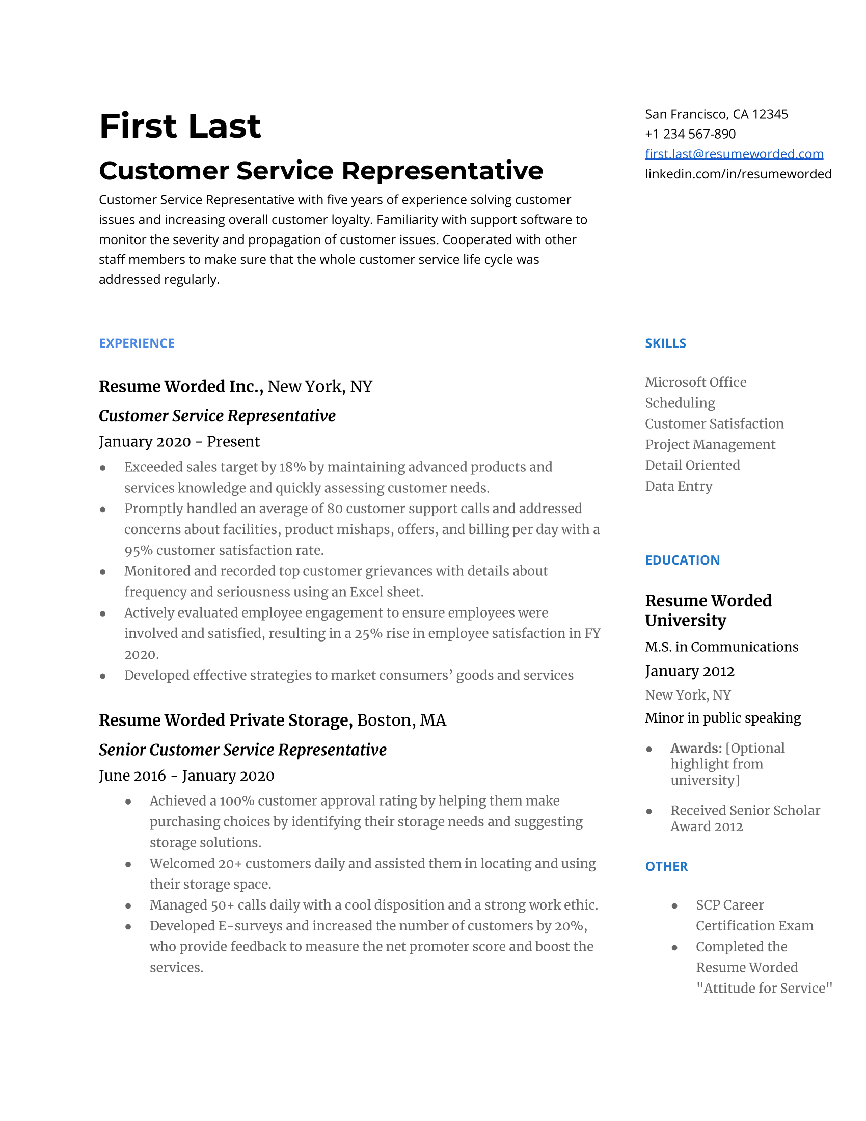 A resume for a customer service presentative with a dgeree in communications and experience as a sr. customer service representative.