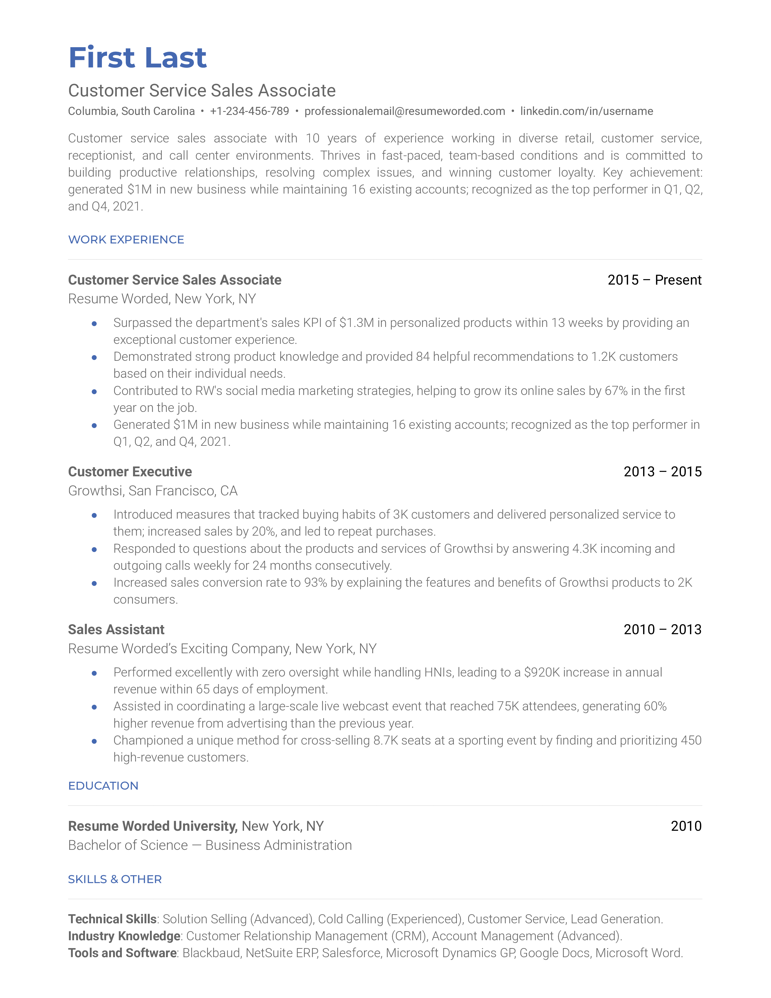A CV showcasing relevant skills and experiences for a Customer Service Sales Associate role.