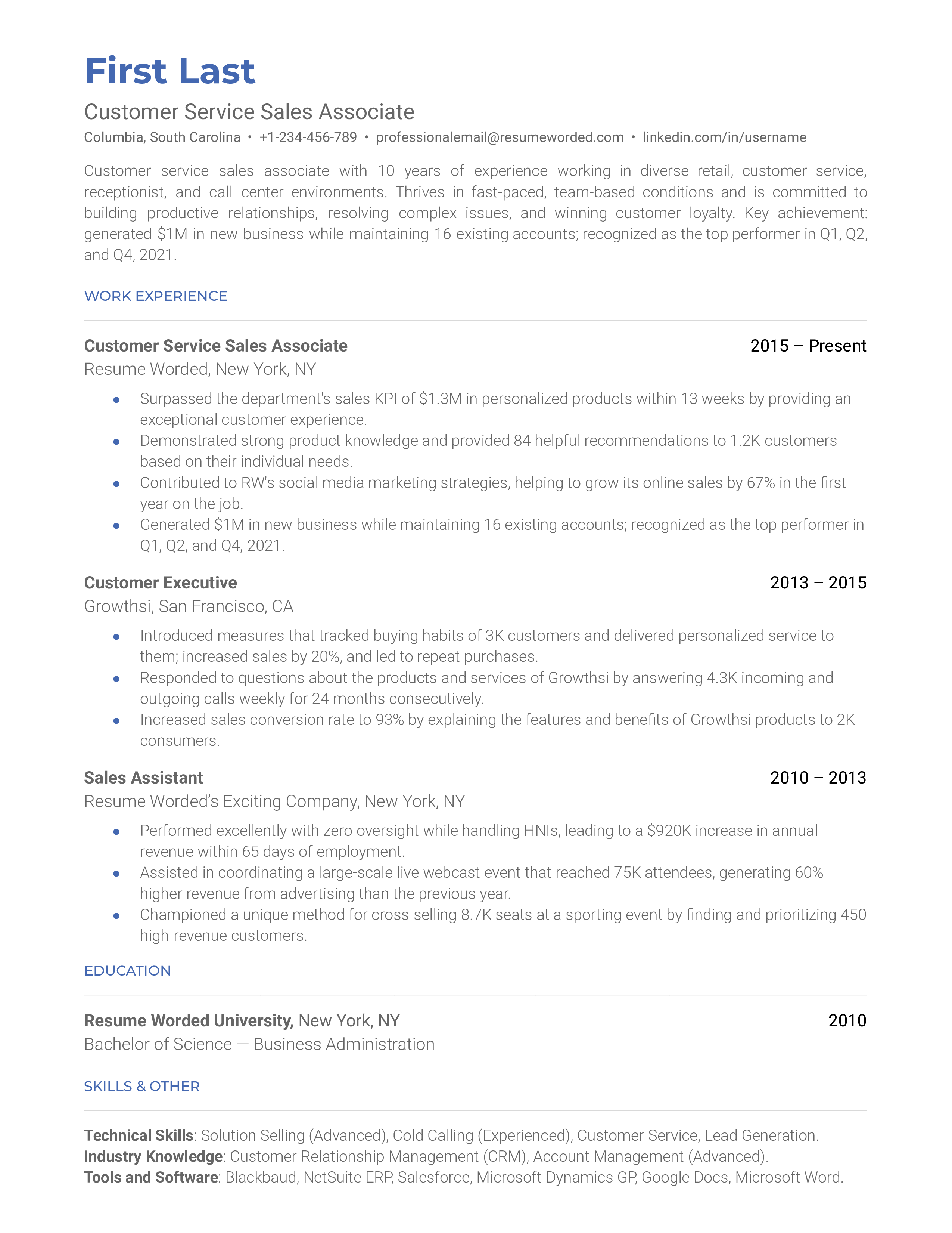 Customer Service Sales Associate Resume Sample