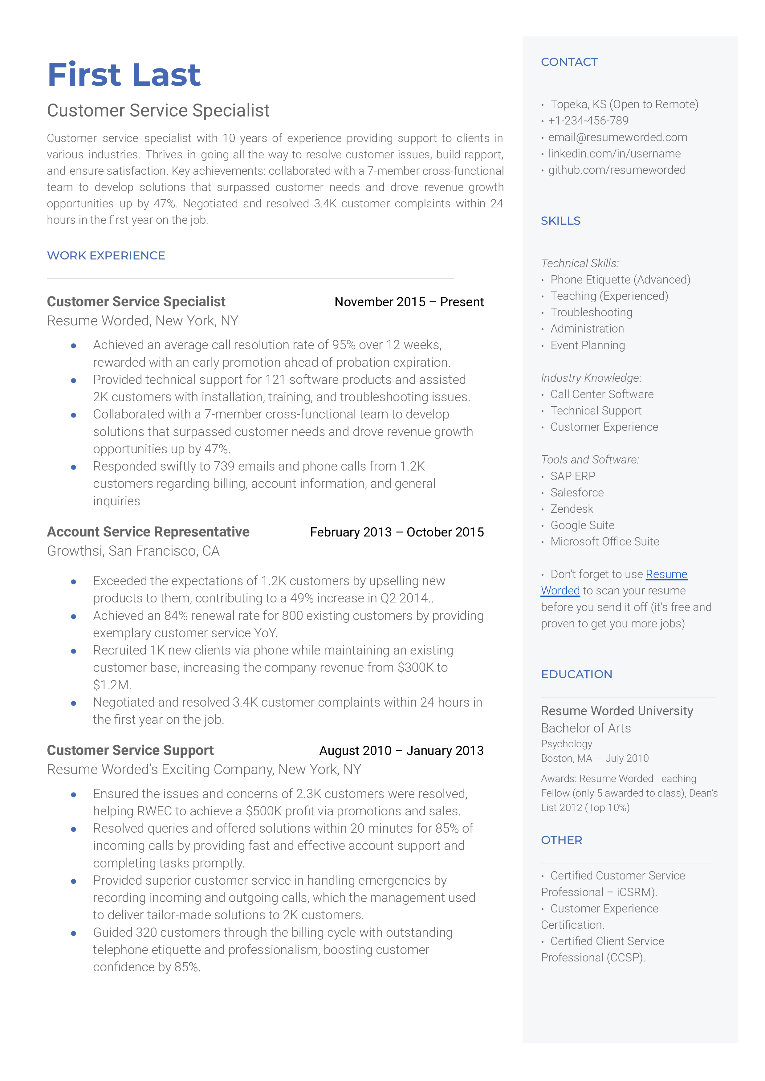 A customer service specialist resume sample that highlights the applicant’s skills section and certifications.