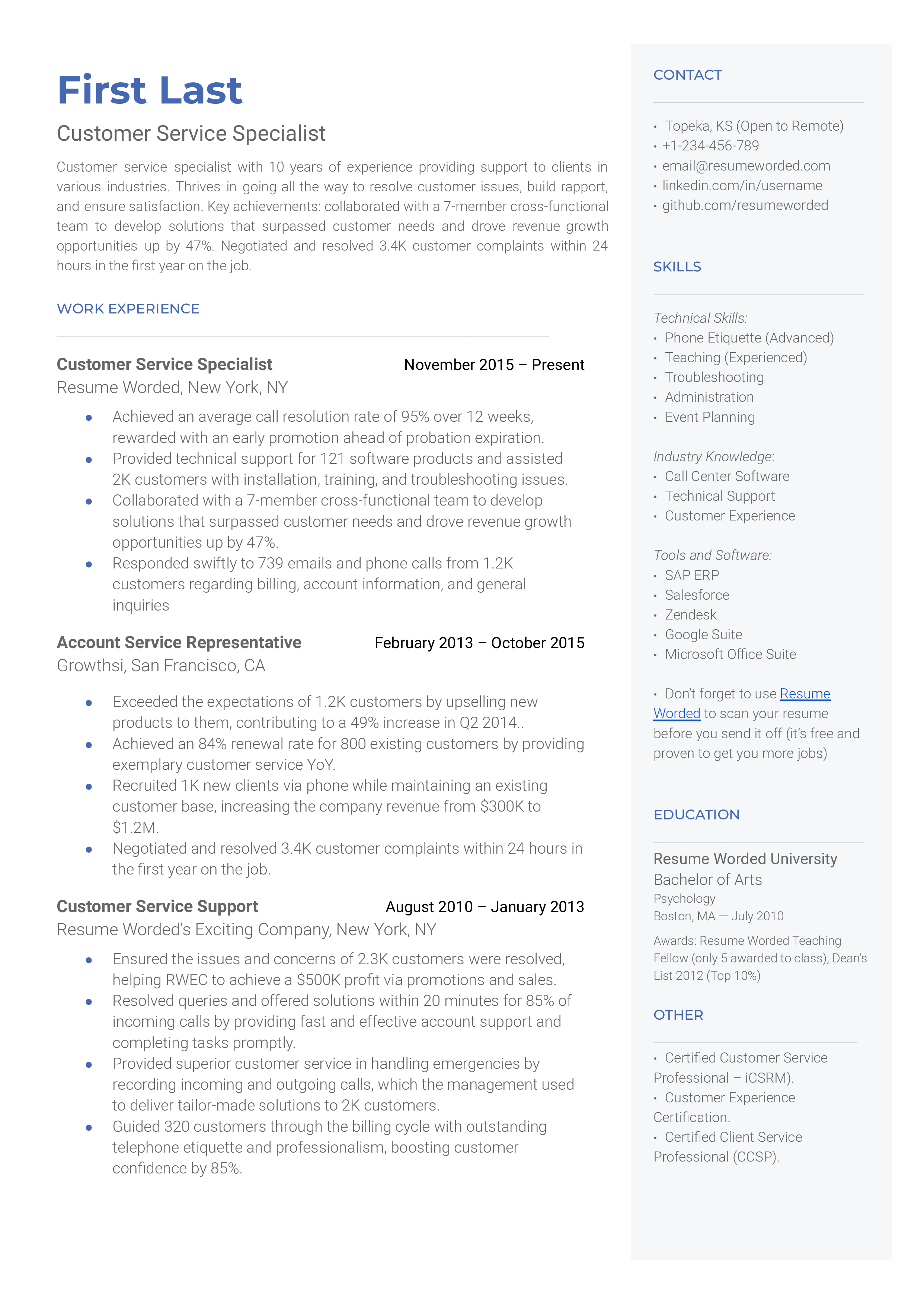 Customer Service Specialist Resume Sample