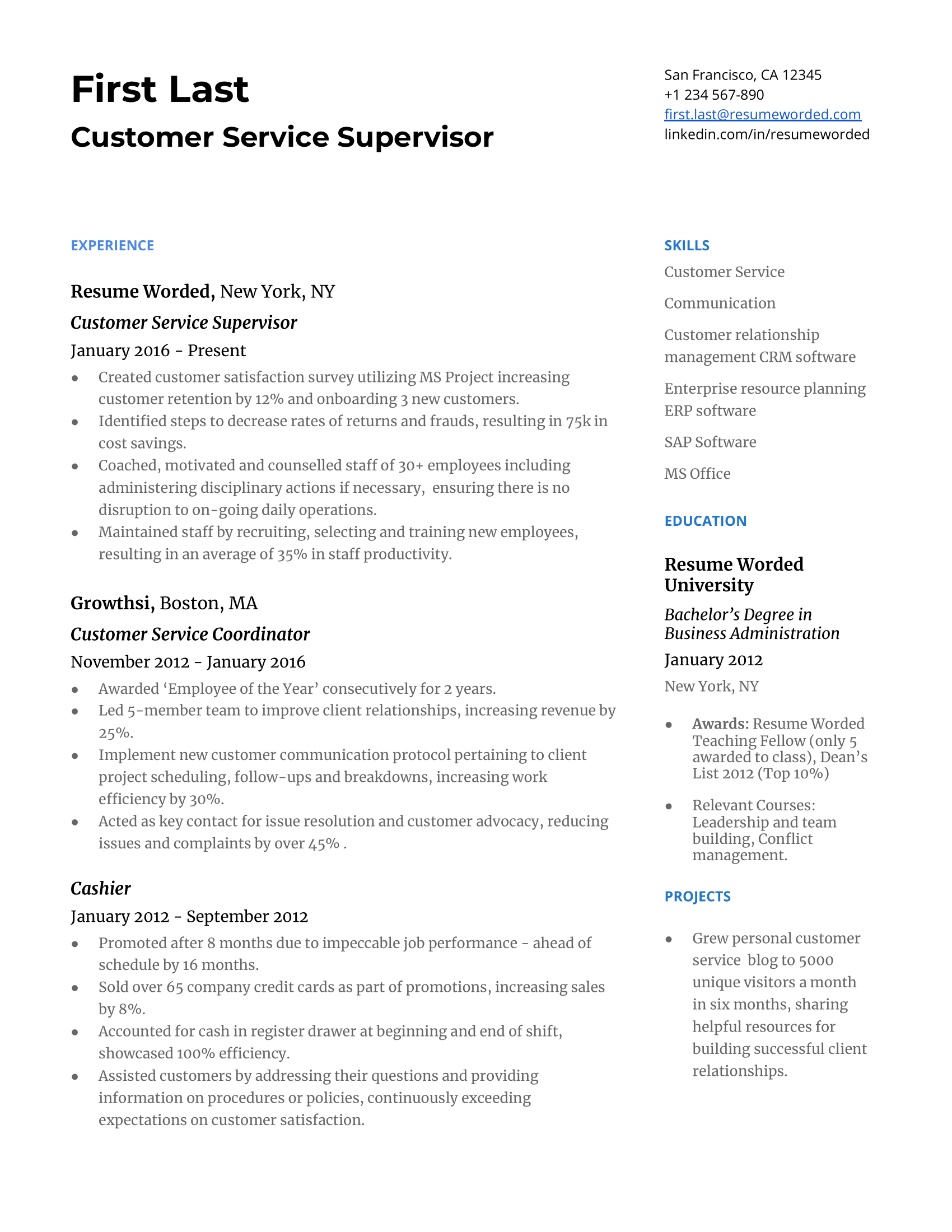 An example of a CV for a Customer Service Supervisor role.