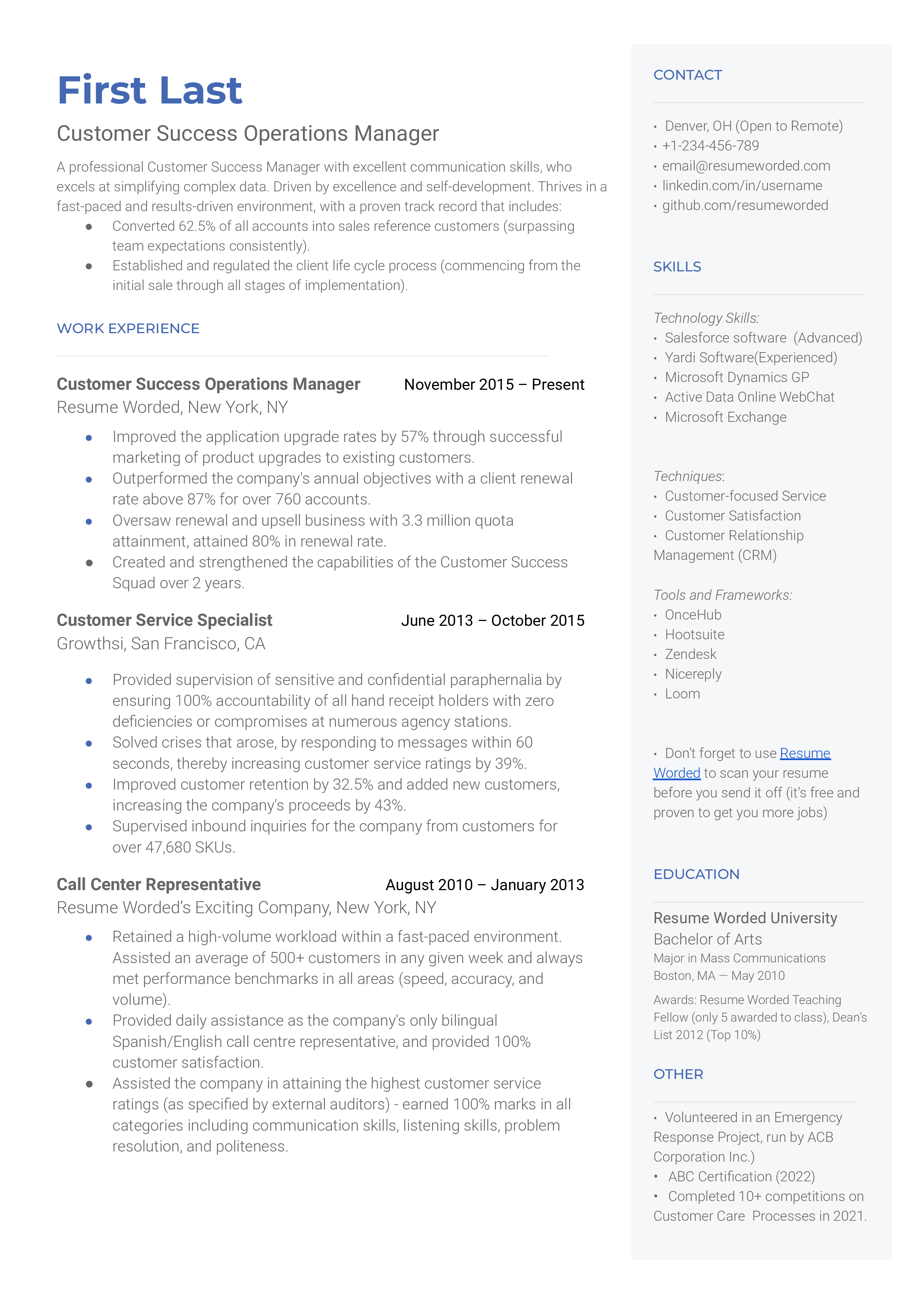 Customer Success Operations Manager Resume Sample