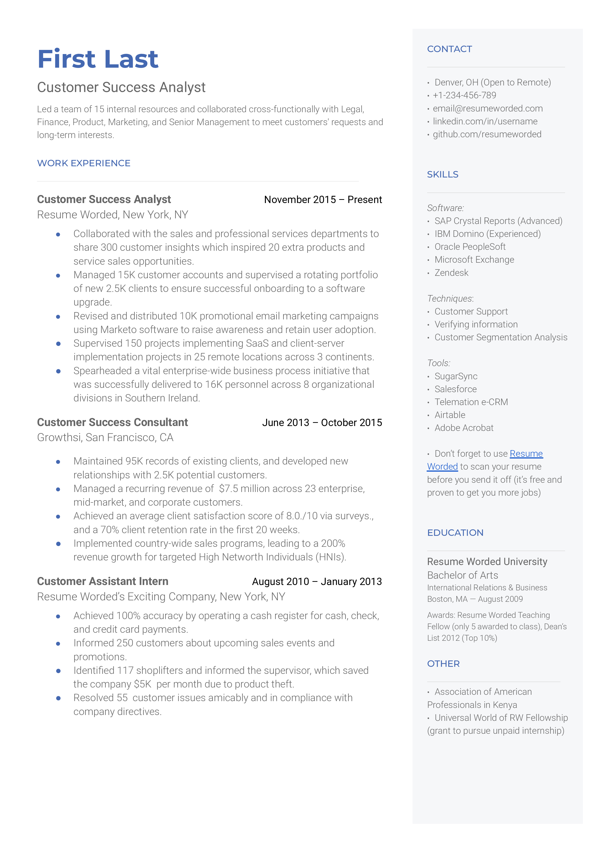 A Customer Success Analyst resume showing the use of industry-specific action verbs to demonstrate experience