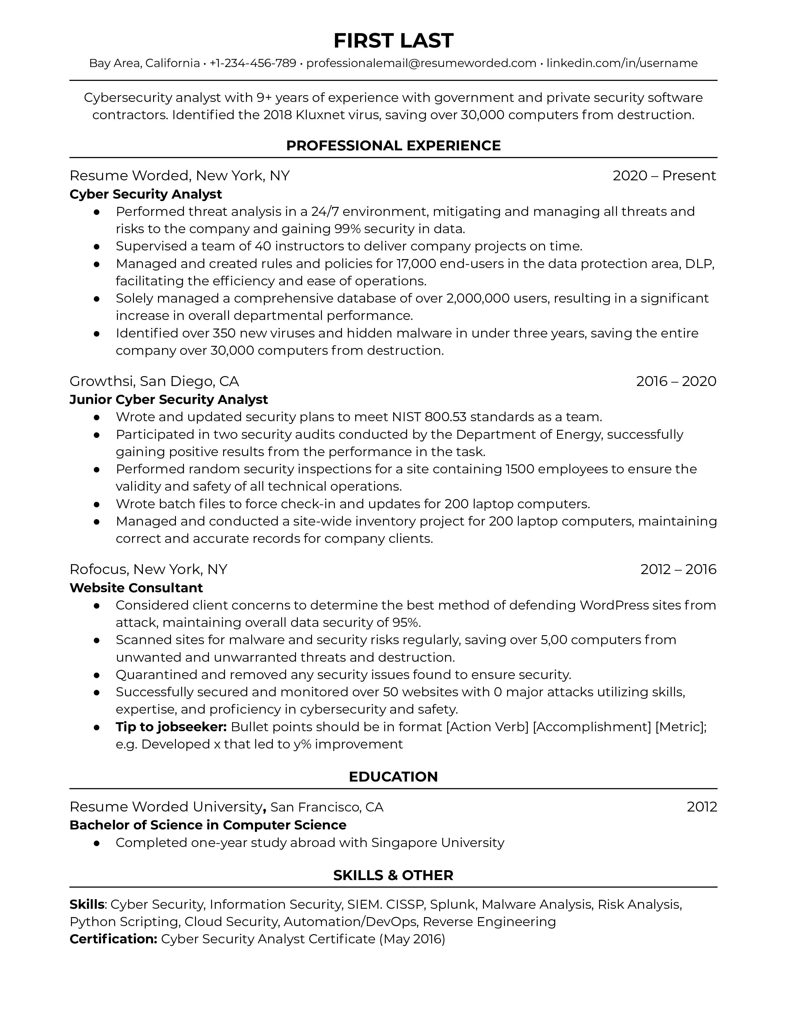 13 Cyber Security CV Examples for 2024 | Resume Worded