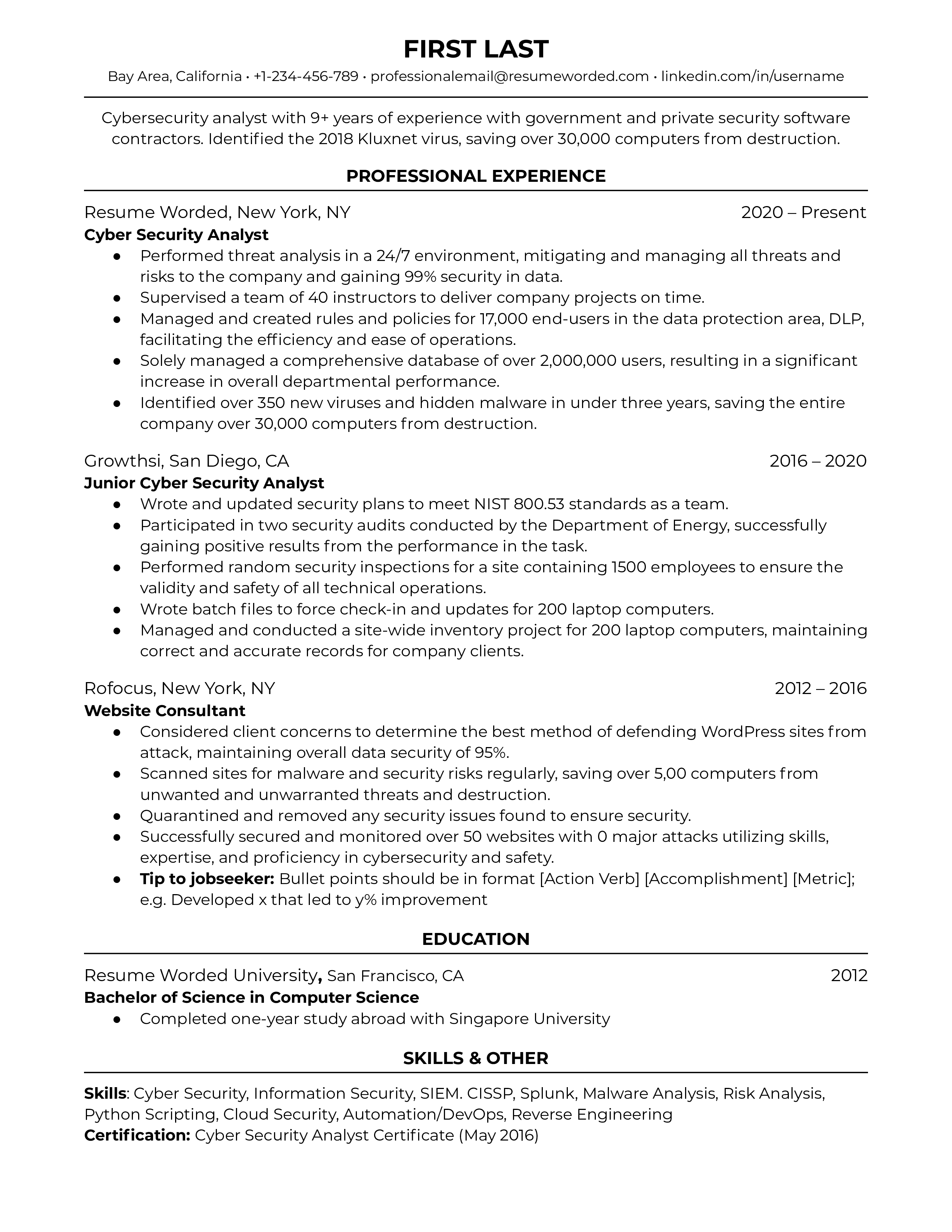 A CV example for a Cyber Security Analyst role.